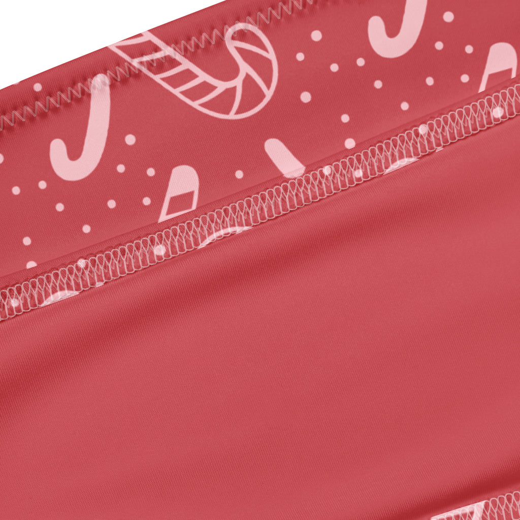 Women’s red candy cane christmas recycled bandeau bikini with white holiday print quick drying fabric upf 50+