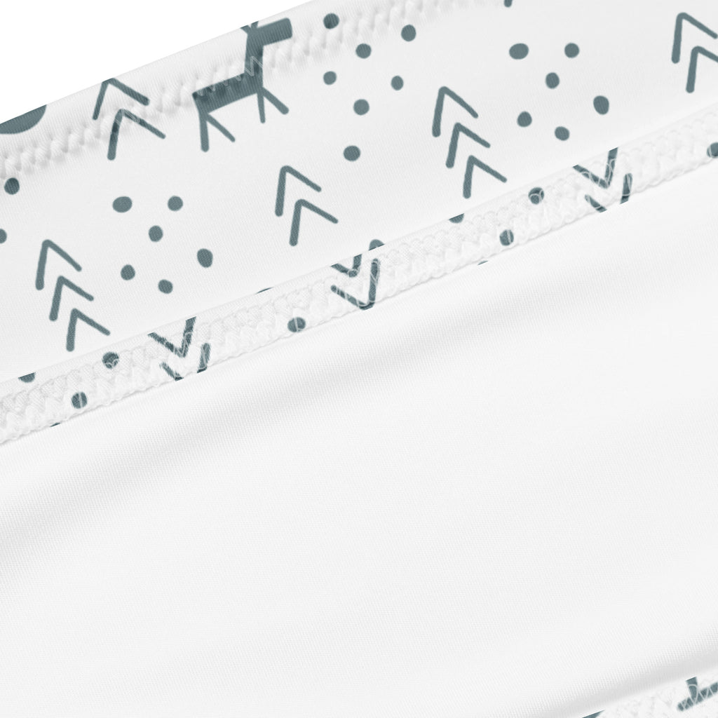 Women’s minimalist reindeer christmas recycled bandeau bikini in white fabric with gray deer arrow and dot pattern