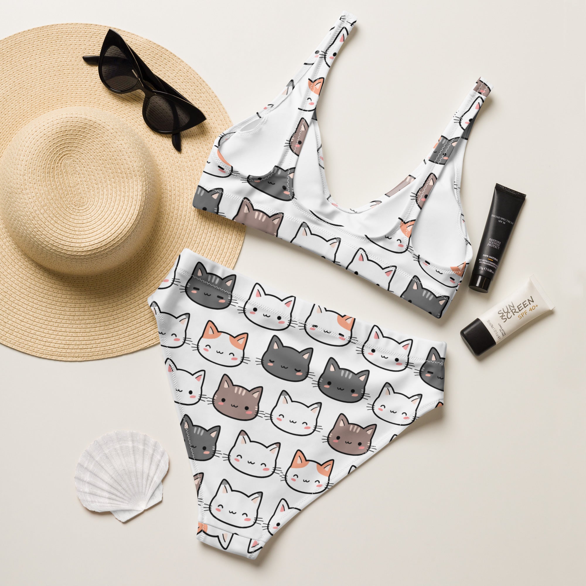 Women's Cat Padded Recycled Bikini - Quick Drying Fabric With UPF 50+