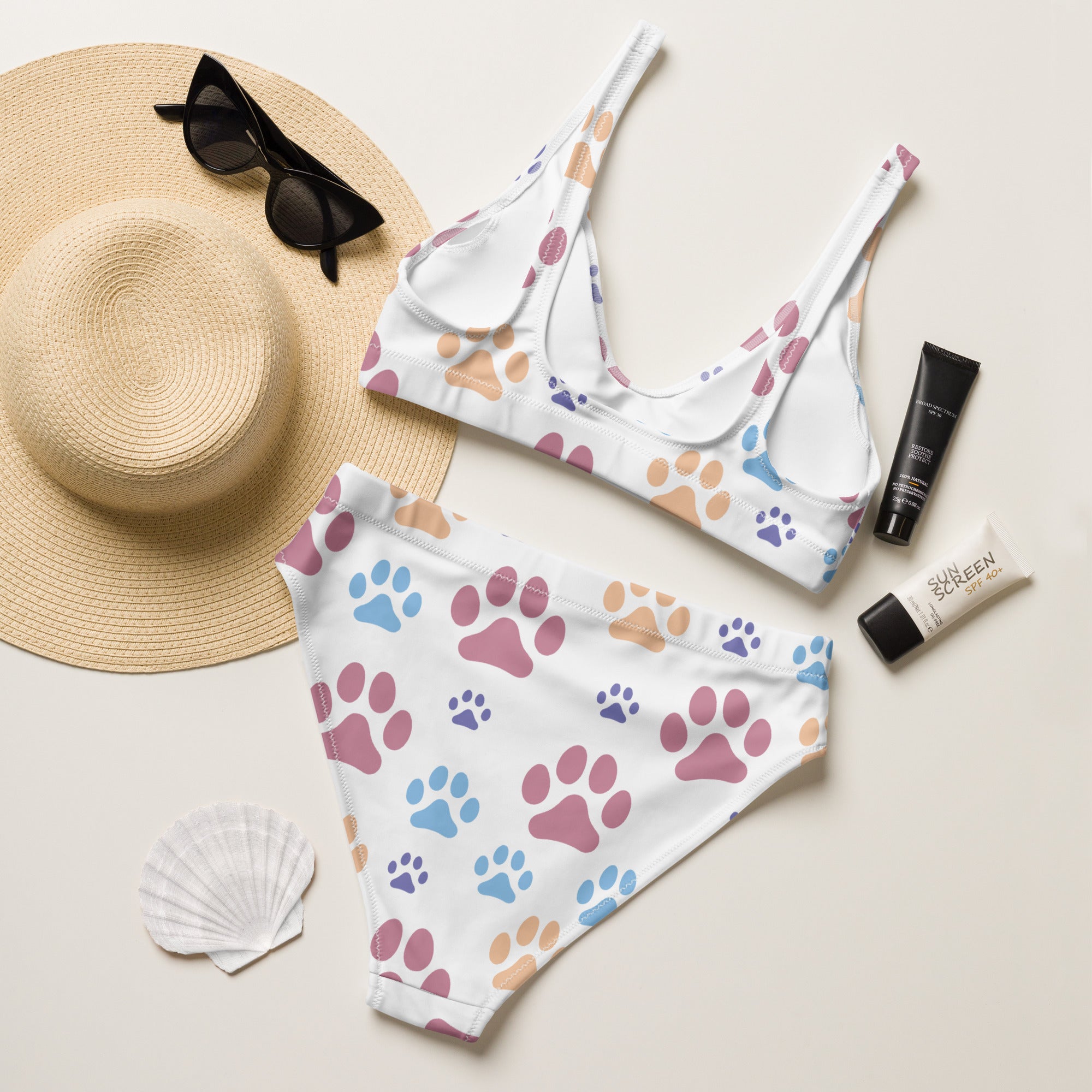 Women's Colorful Paw Prints Padded Recycled Bikini - Quick Drying Fabric With UPF 50+
