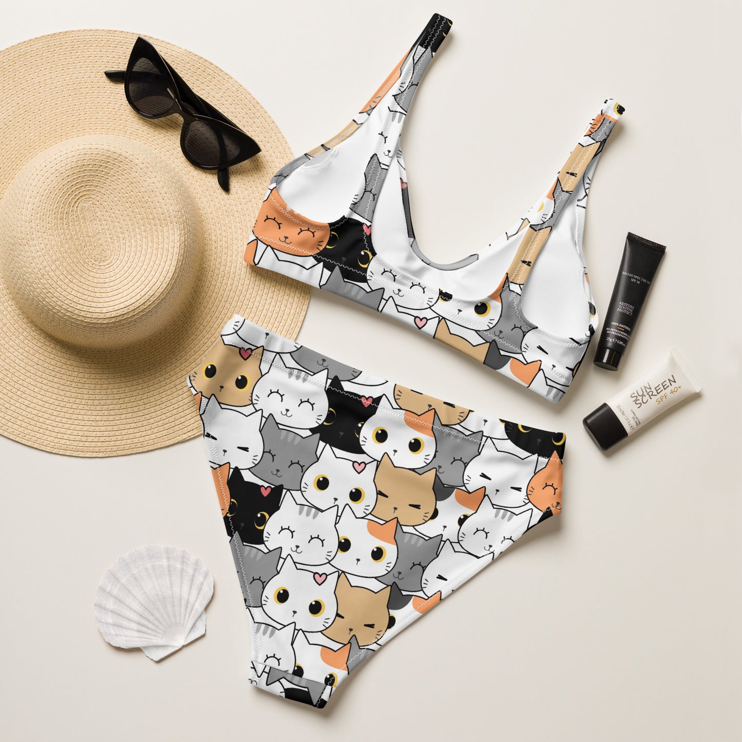 Women's Cat Face Padded Recycled Bikini - Quick Drying Fabric With UPF 50+