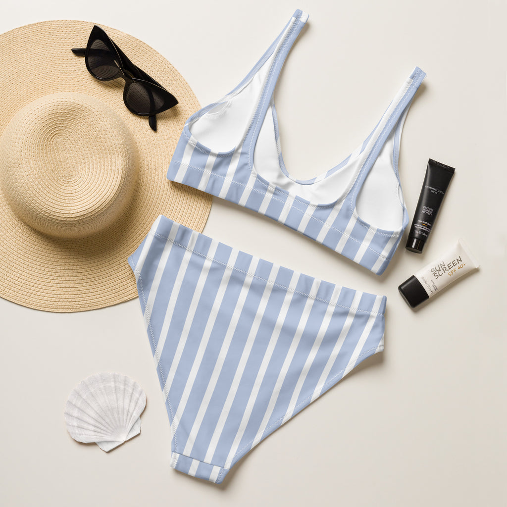 Women’s blue and white striped padded recycled bikini with supportive bra top and high-waisted bottoms upf 50+
