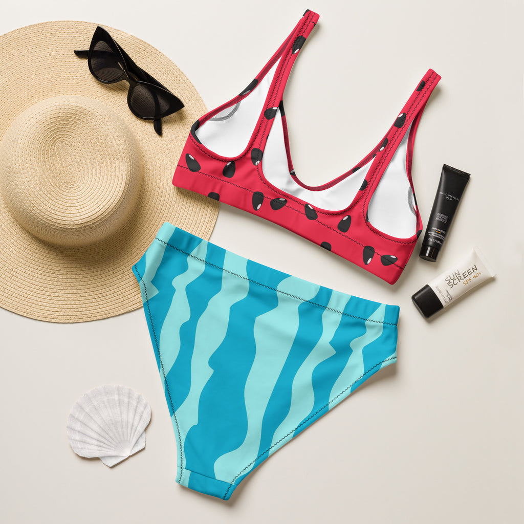 Women’s watermelon padded recycled bikini with red polka dot top and turquoise wavy stripe high-waisted bottoms