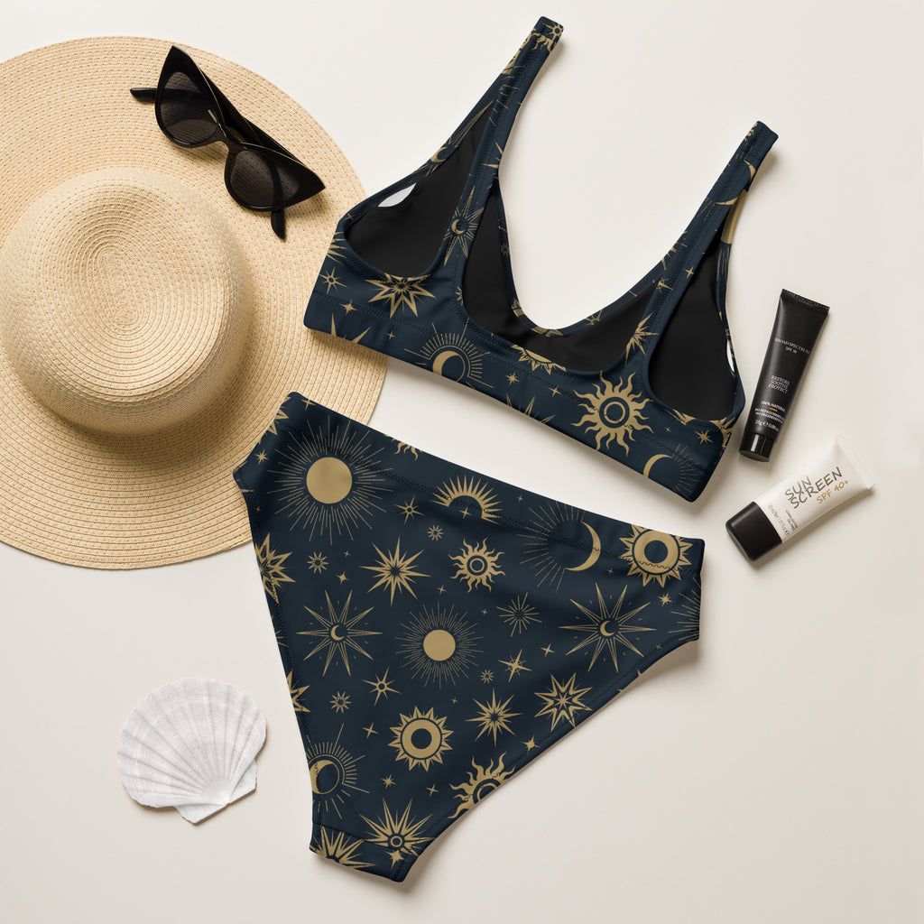 Navy blue and gold celestial sun and moon padded recycled bikini with quick drying fabric and upf 50+ protection