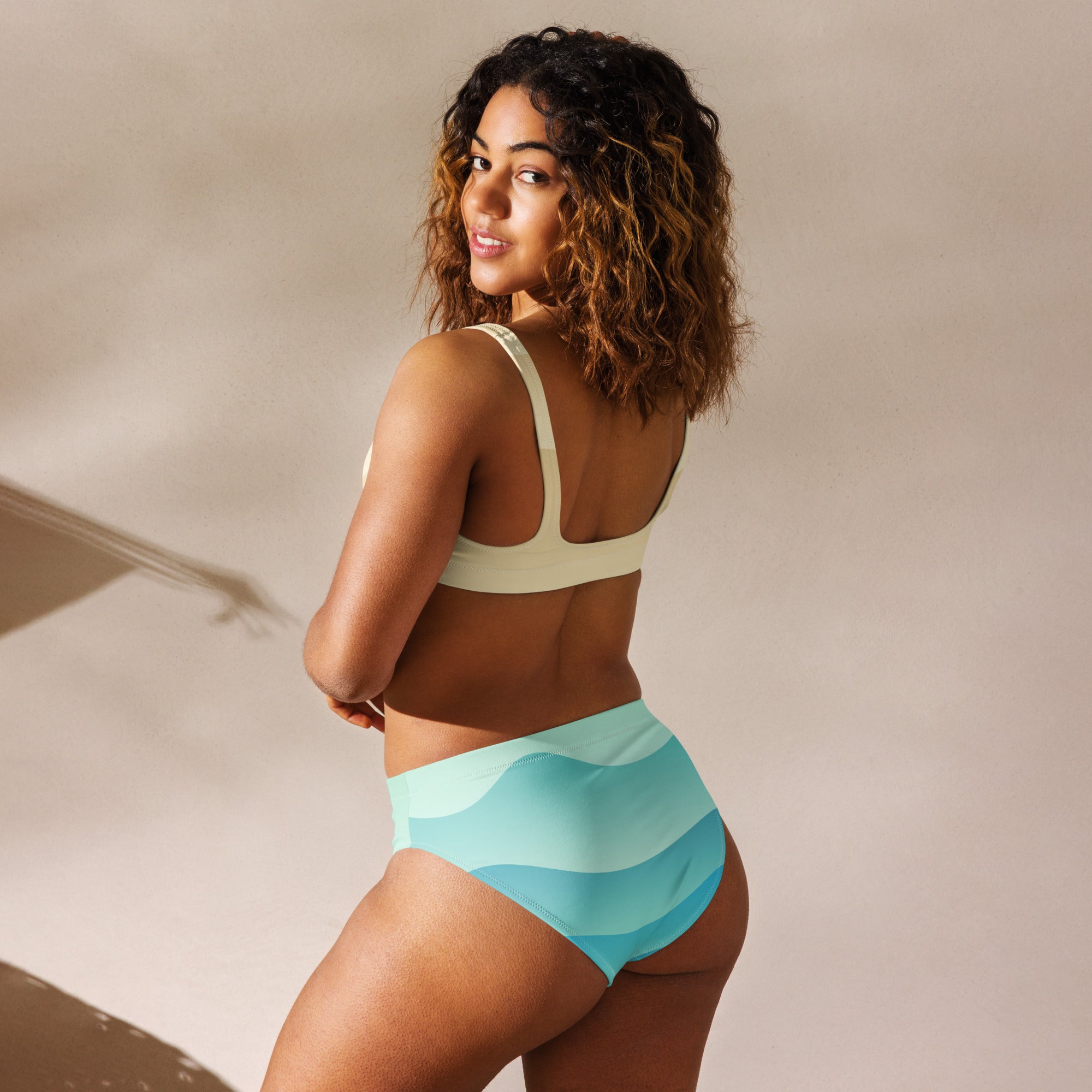 Women's Cream & Aqua Wavy Padded Recycled Bikini - Quick Drying Fabric With UPF 50+