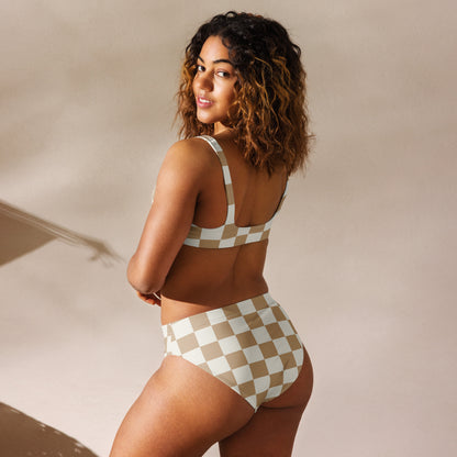 Women's Beige Checkerboard Padded Recycled Bikini - Quick Drying Fabric With UPF 50+