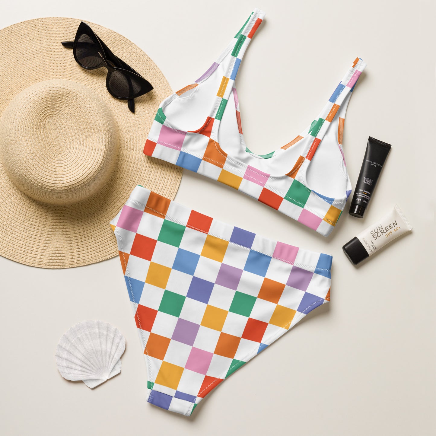 Women's Colorful Checkerboard Padded Recycled Bikini - Quick Drying Fabric With UPF 50+