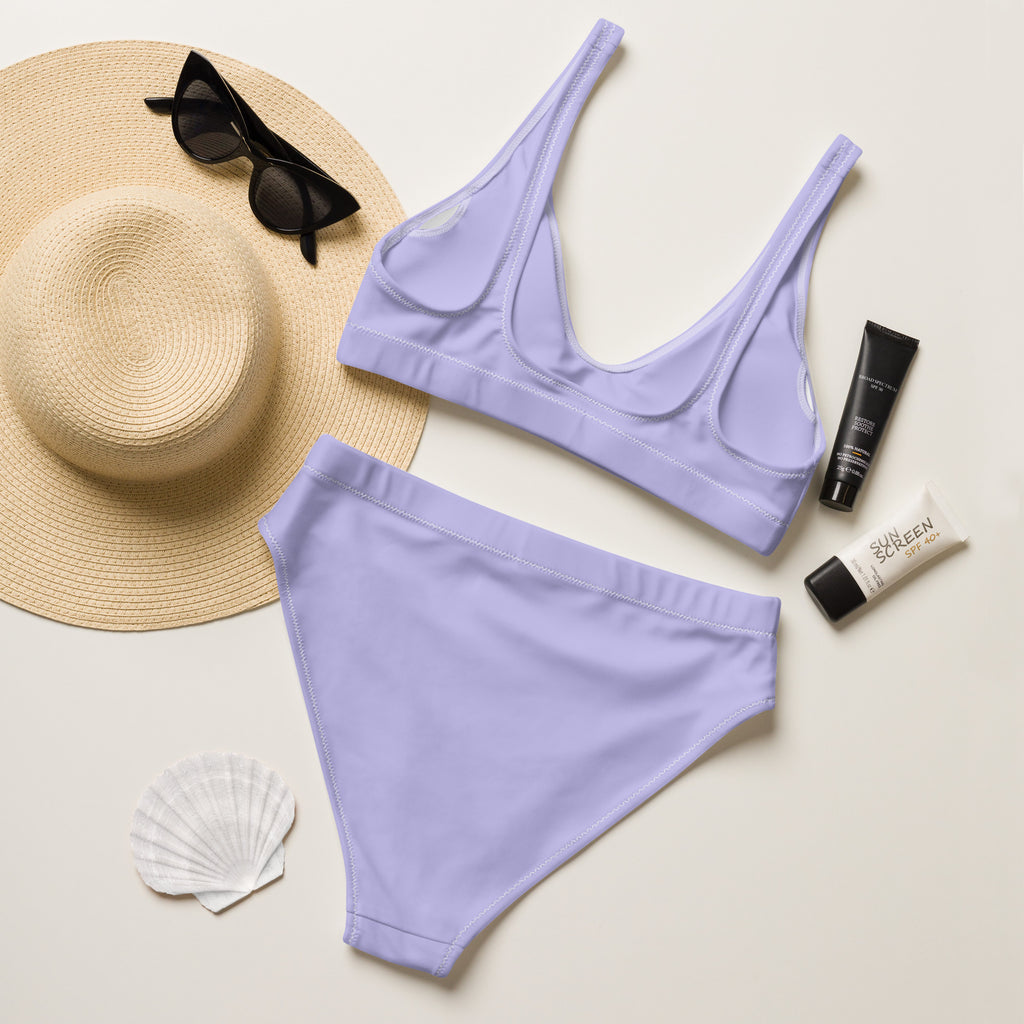Women’s light purple padded recycled bikini two-piece with thin straps and high-waisted bottoms quick drying fabric upf 50+