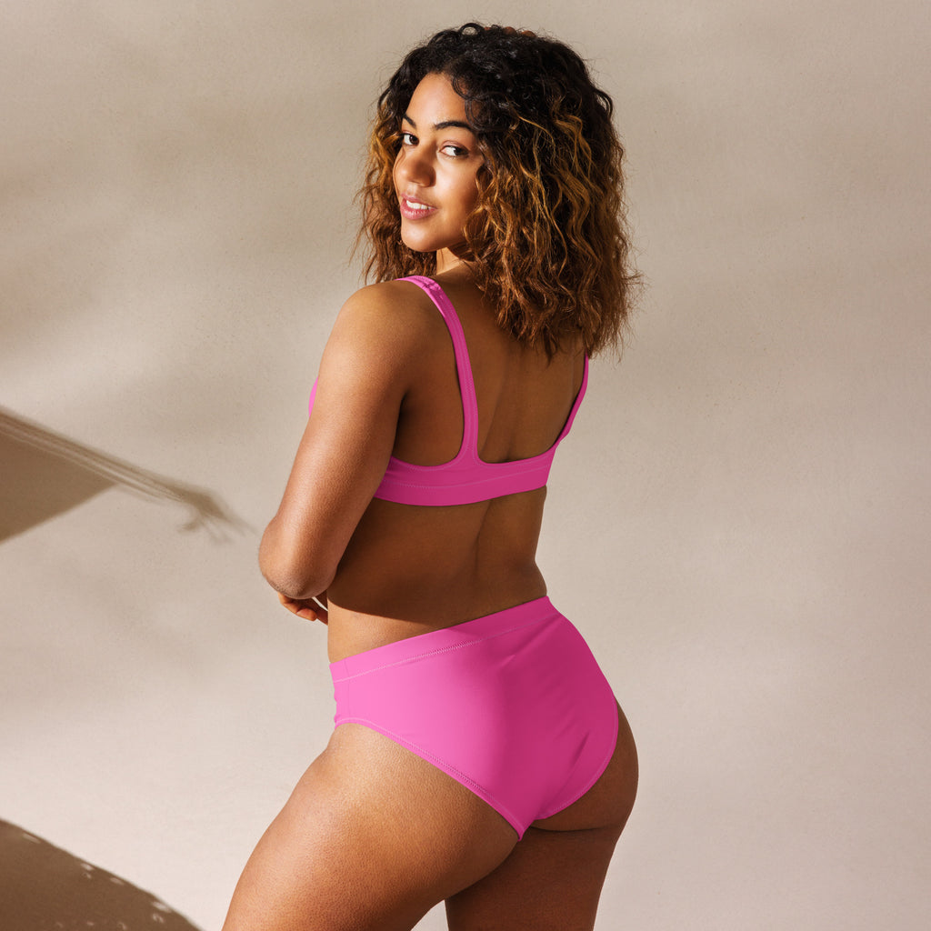 Bright pink two-piece padded bikini set made from recycled quick-drying fabric with UPF 50 plus protection