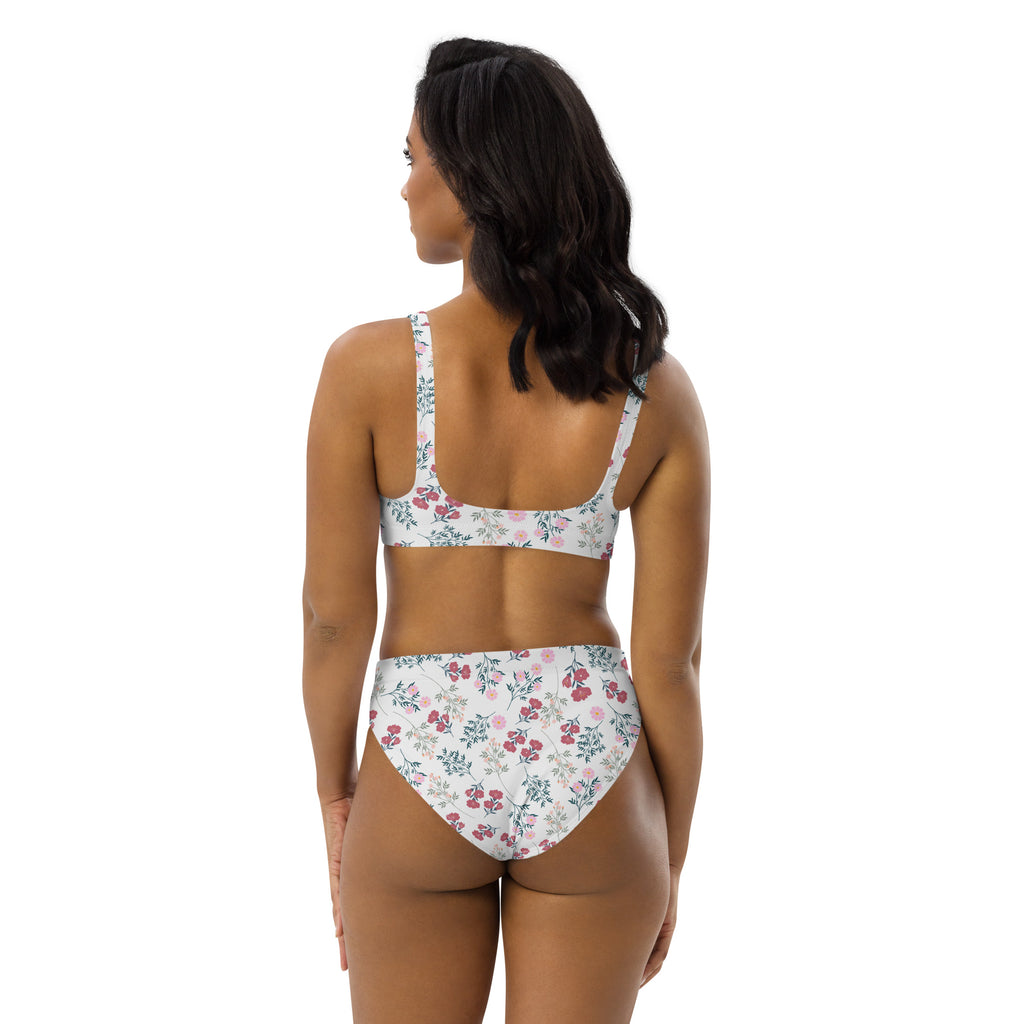 Women’s white vintage floral padded recycled bikini set with pink and green blossoms quick drying fabric upf 50+