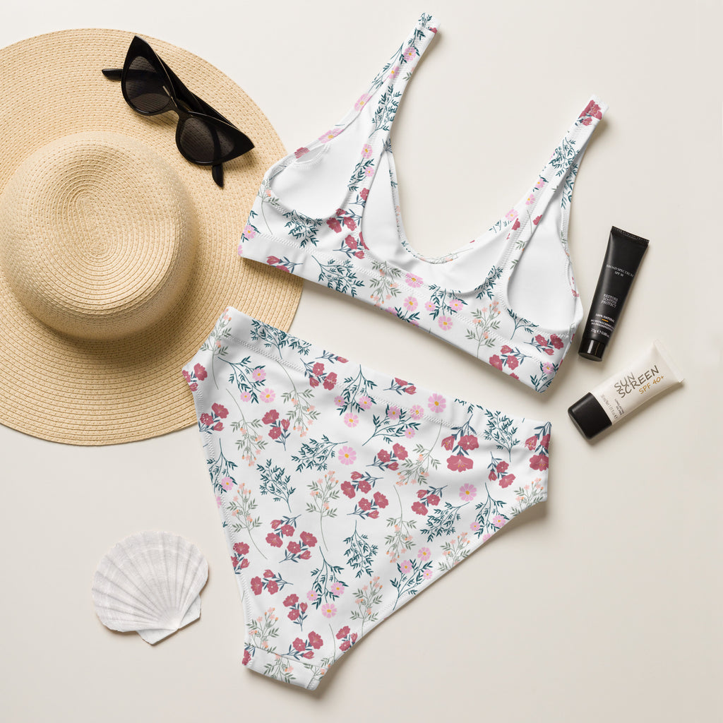 Women’s white vintage floral padded recycled bikini set with pink and green pattern quick drying fabric upf 50+