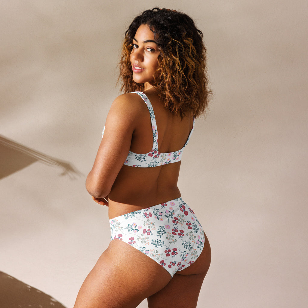 Women’s white vintage floral padded recycled bikini set with delicate pink green blossoms quick drying upf 50+ fabric
