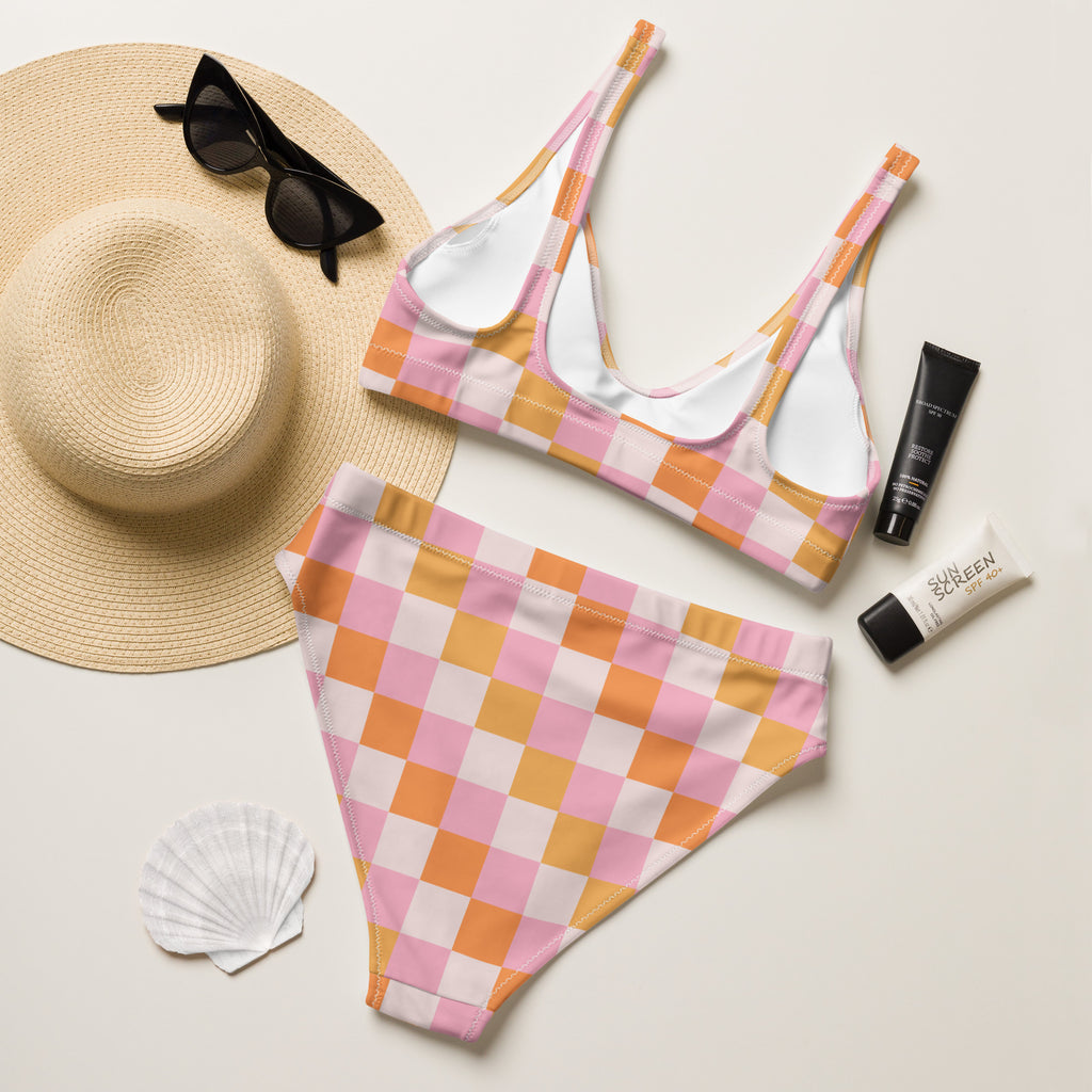 Women's Pastel Pink & Orange Checkerboard Padded Recycled Bikini - Quick Drying Fabric With UPF 50+