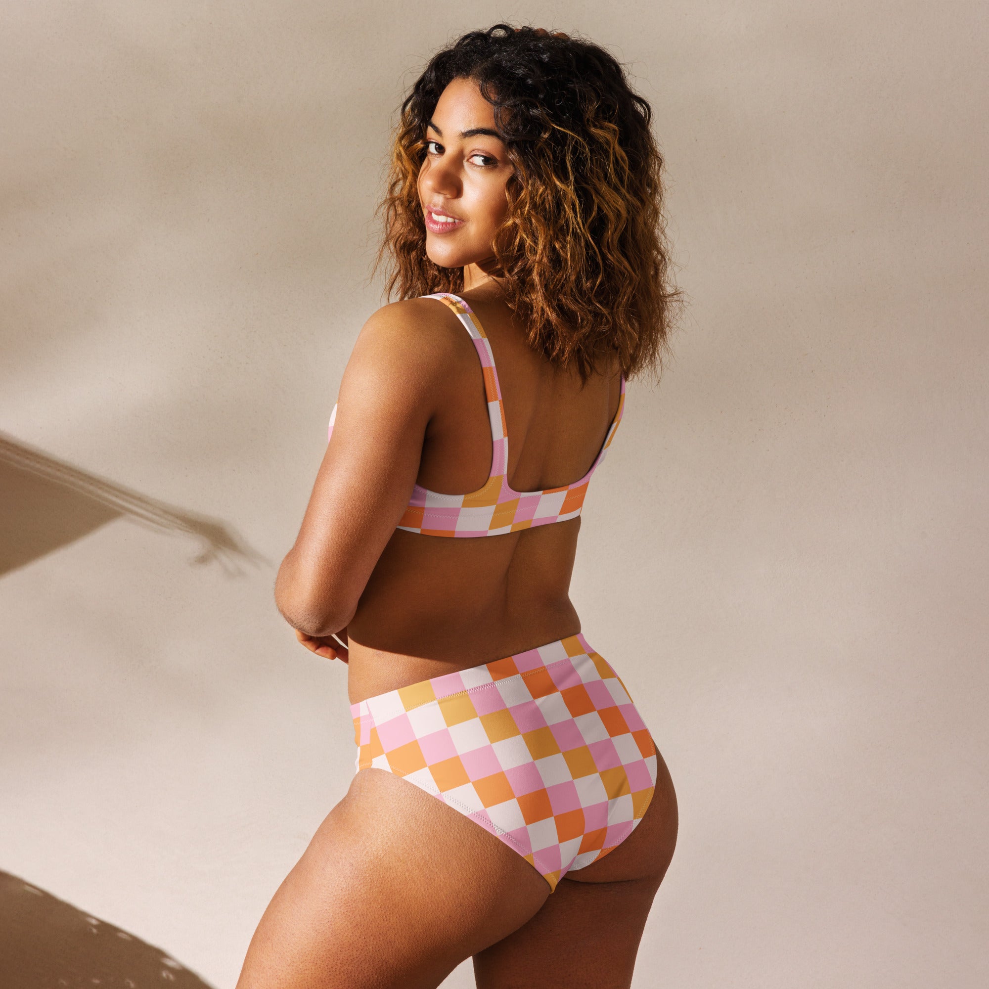 Women's Pastel Pink & Orange Checkerboard Padded Recycled Bikini - Quick Drying Fabric With UPF 50+