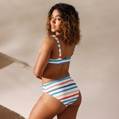 Women's Retro Striped Padded Recycled Bikini - Quick Drying Fabric With UPF 50+