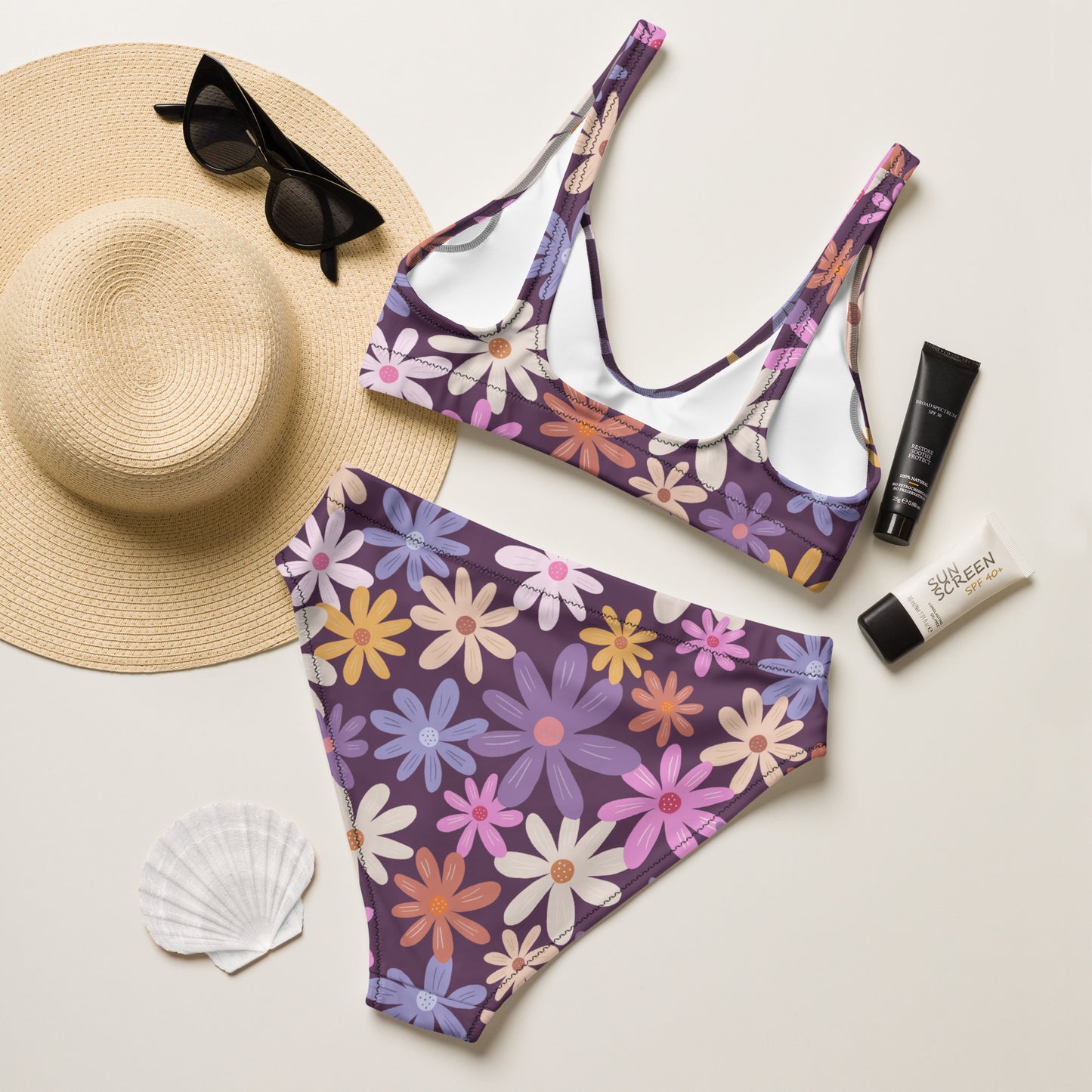 Women's Purple Retro Floral Padded Recycled Bikini - Quick Drying Fabric With UPF 50+
