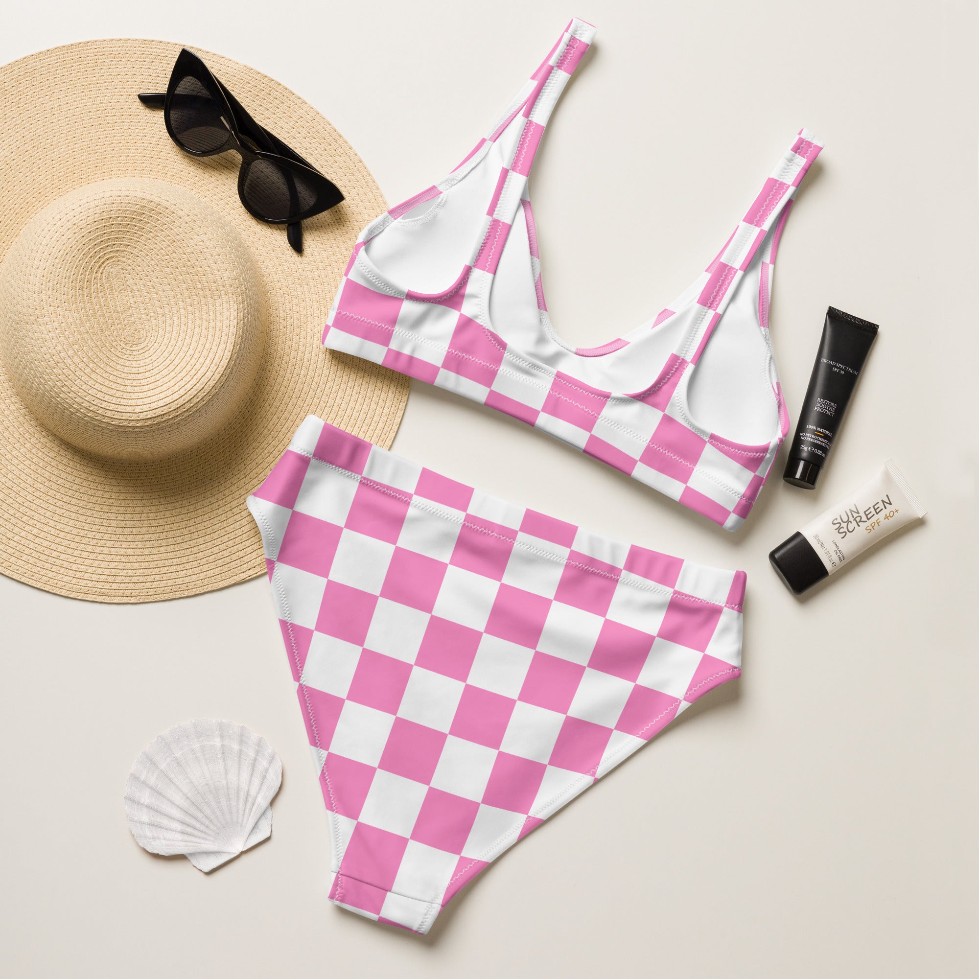 Women's Pink Checkerboard Padded Recycled Bikini - Quick Drying Fabric With UPF 50+