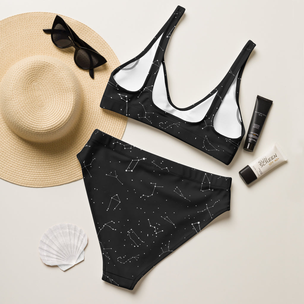 Black two-piece realistics constellations padded recycled bikini with white lining quick drying fabric and upf 50+ protection