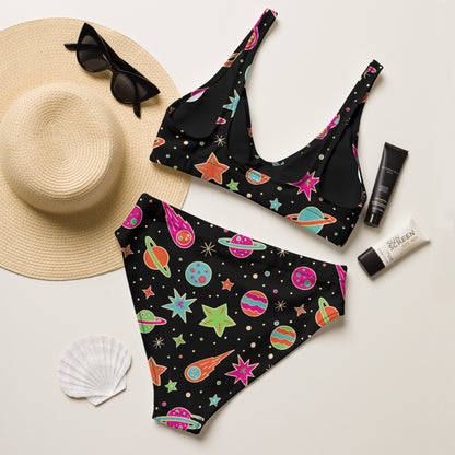 Women's Neon Space Print Padded Recycled Bikini - Quick Drying Fabric With UPF 50+