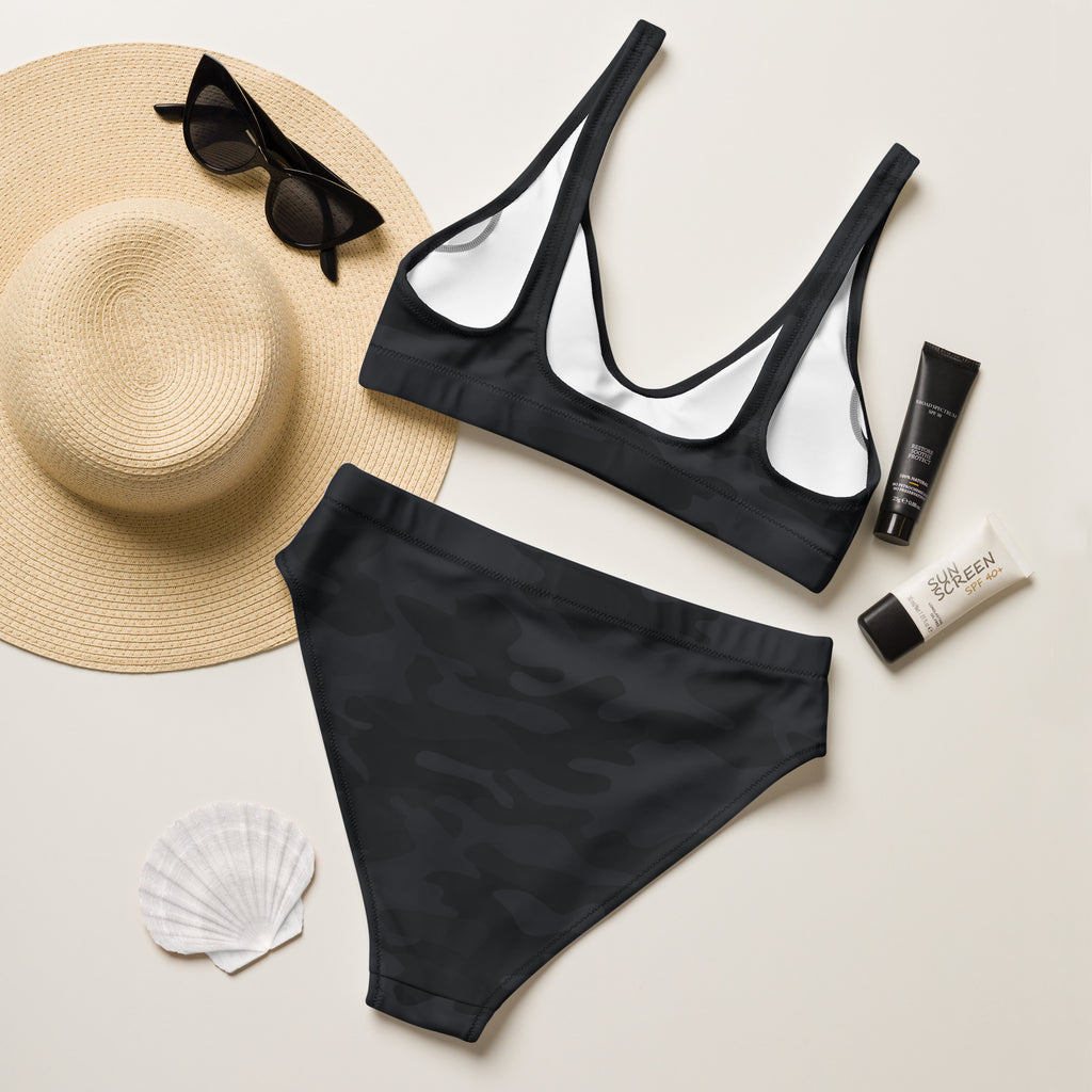 Women’s black and white camouflage padded two-piece bikini with thin straps high-waisted bottoms quick drying fabric upf 50+