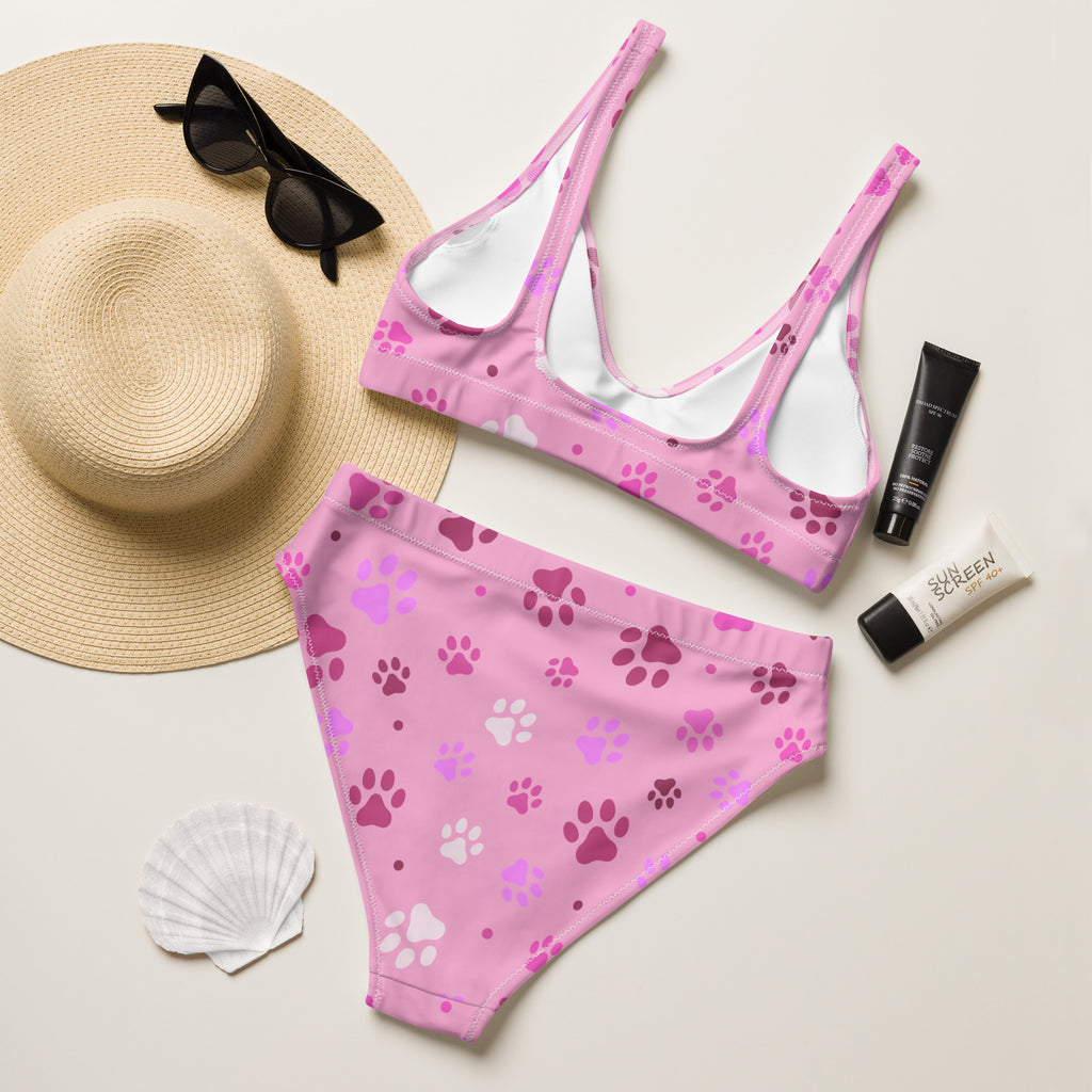Women's Pink Paw Prints Padded Recycled Bikini - Quick Drying Fabric With UPF 50+