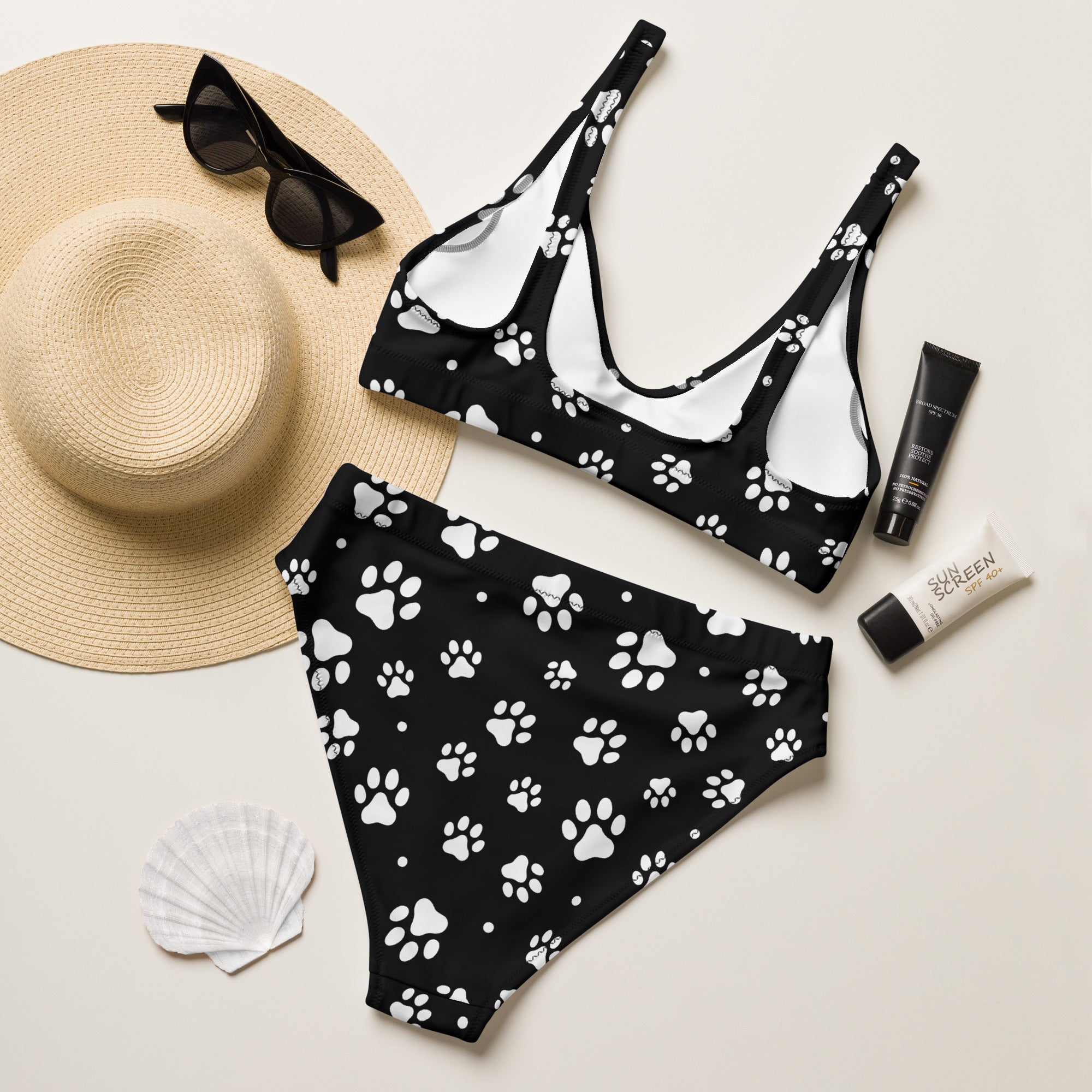 Women's Black & White Paw Print Padded Recycled Bikini - Quick Drying Fabric With UPF 50+