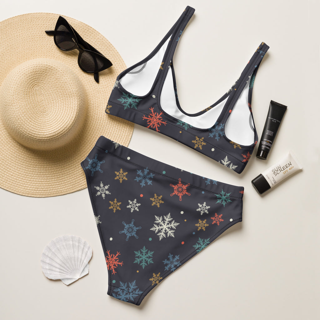 Dark gray two-piece recycled bikini with colorful snowflake pattern and quick drying upf 50 plus fabric for women