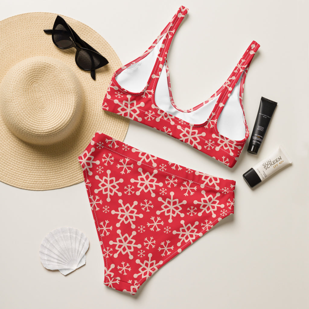 Women's Red Snowflake Recycled Bikini - Quick Drying Fabric With UPF 50+
