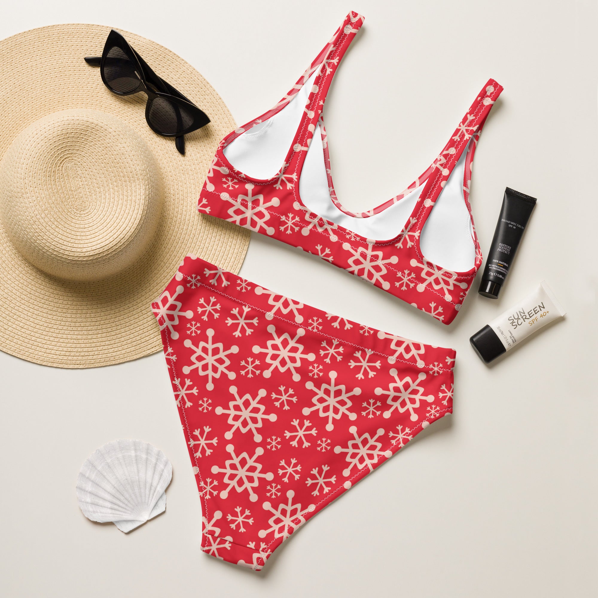 Women's Red Snowflake Recycled Bikini - Quick Drying Fabric With UPF 50+