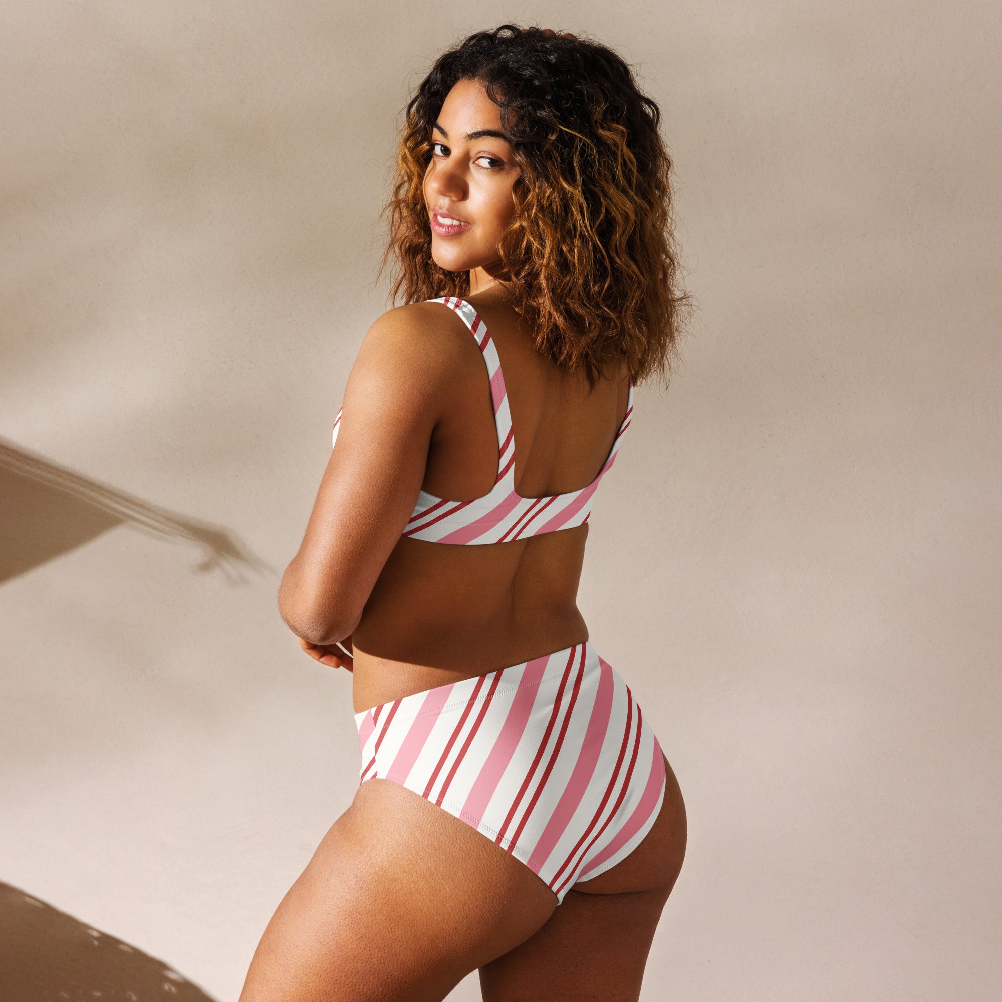 Women's Pink Candy Cane Stripe Recycled Bikini - Quick Drying Fabric With UPF 50+