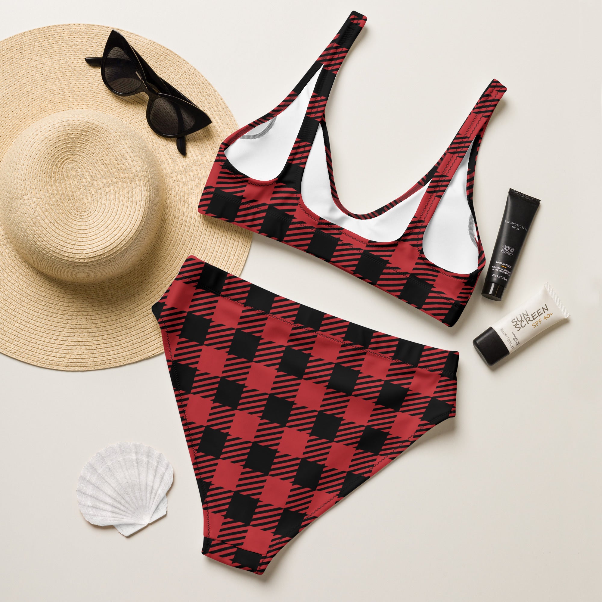 Women's Red Buffalo Plaid Recycled Bikini - Quick Drying Fabric With UPF 50+