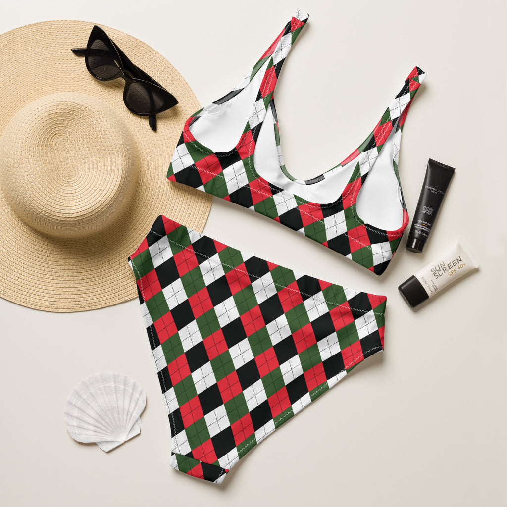 A vibrant red green and black argyle patterned women’s Christmas two-piece recycled bikini with quick drying fabric and UPF 50+
