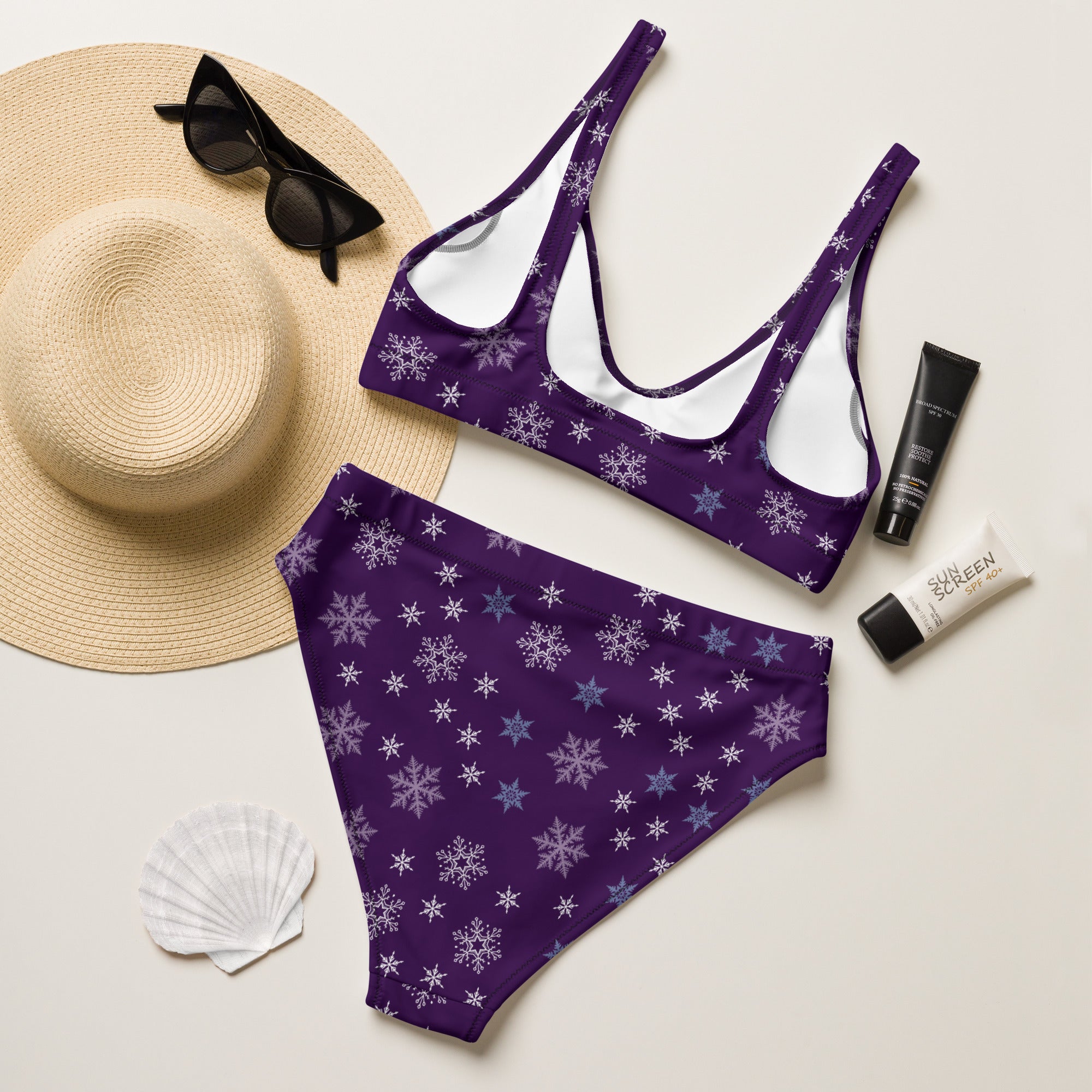 Women's Purple Snowflake Recycled Bikini - Quick Drying Fabric With UPF 50+