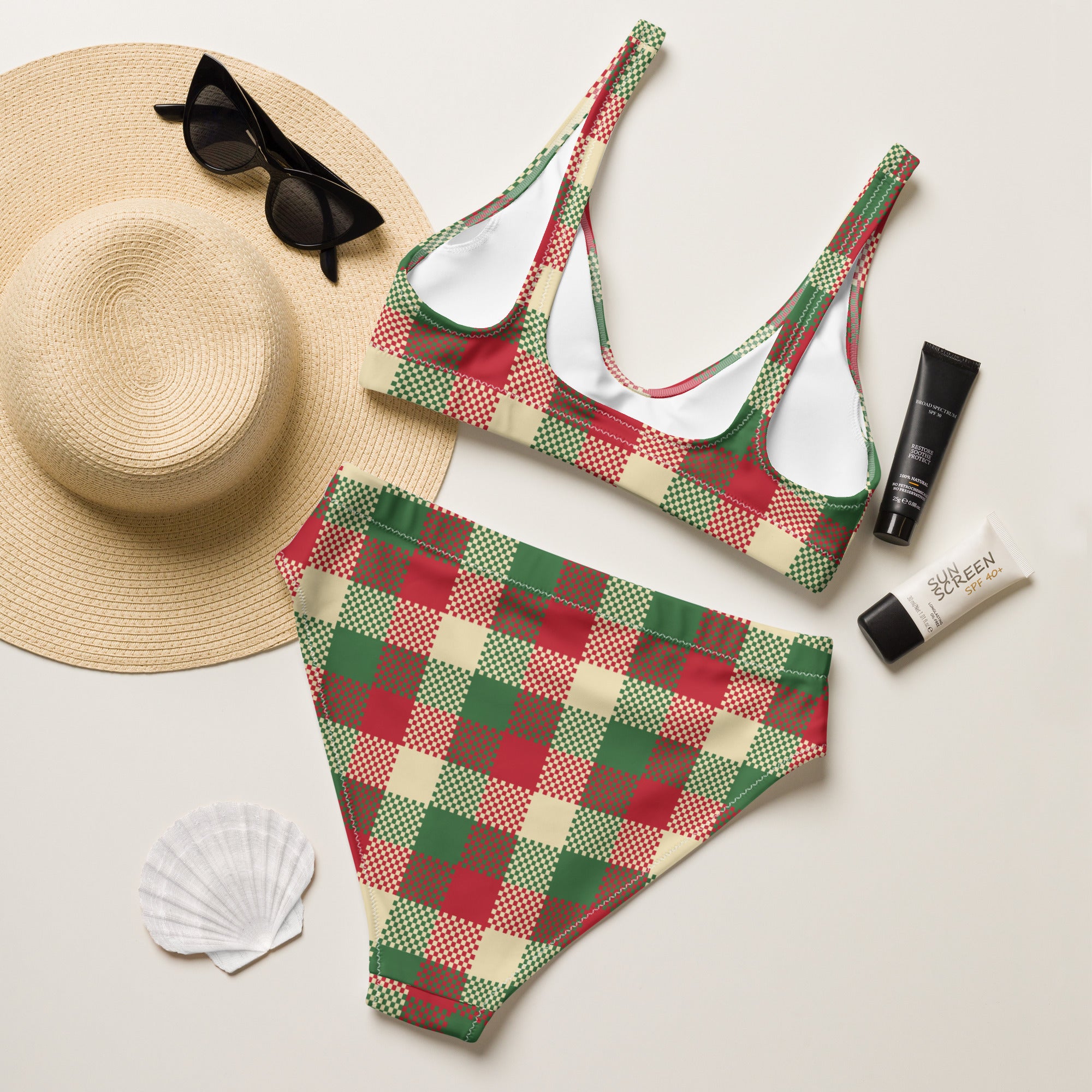 Women's Christmas Plaid Recycled Bikini - Quick Drying Fabric With UPF 50+