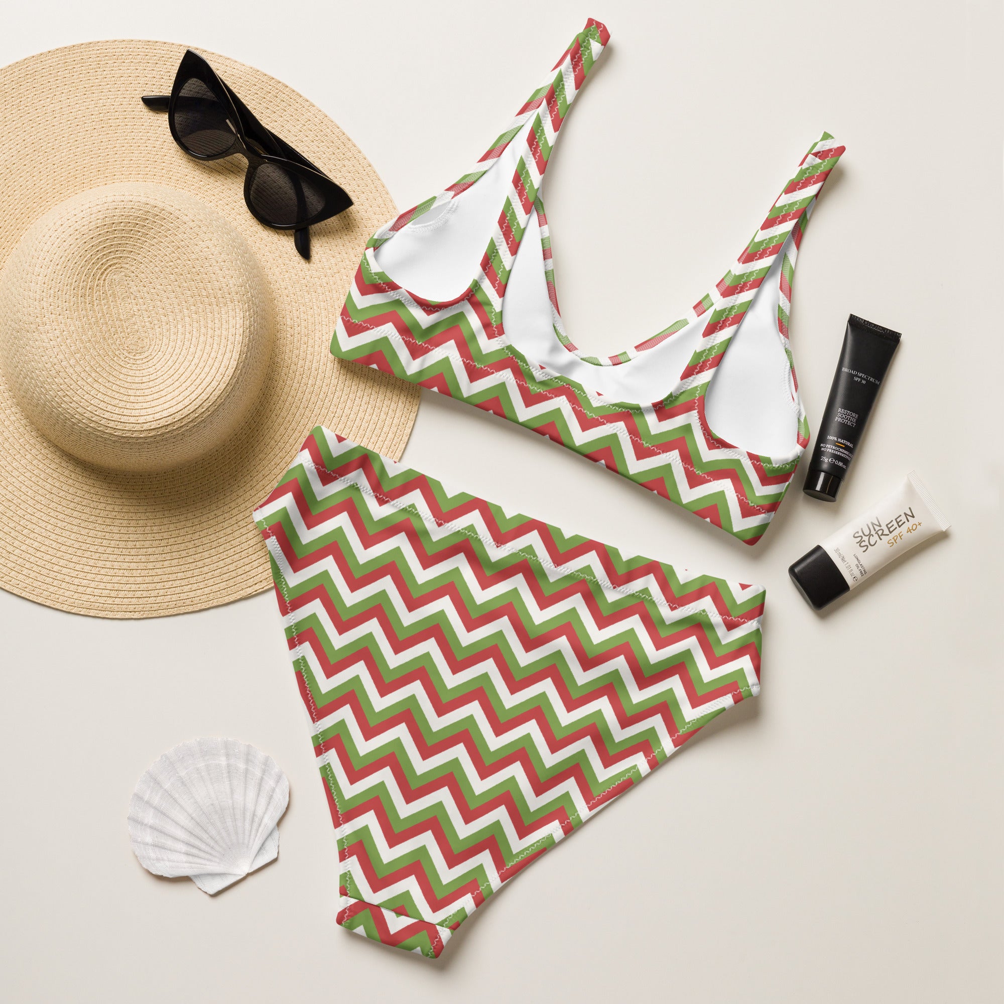 Women’s christmas chevron two-piece swimsuit in red green and white with quick drying recycled fabric and upf 50+ protection