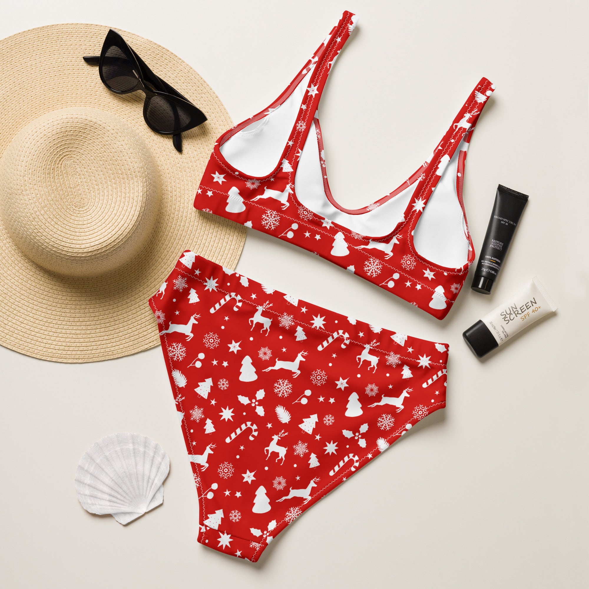 Women’s red christmas recycled two-piece bikini with reindeer snowflakes candy cane patterns quick drying fabric upf 50+