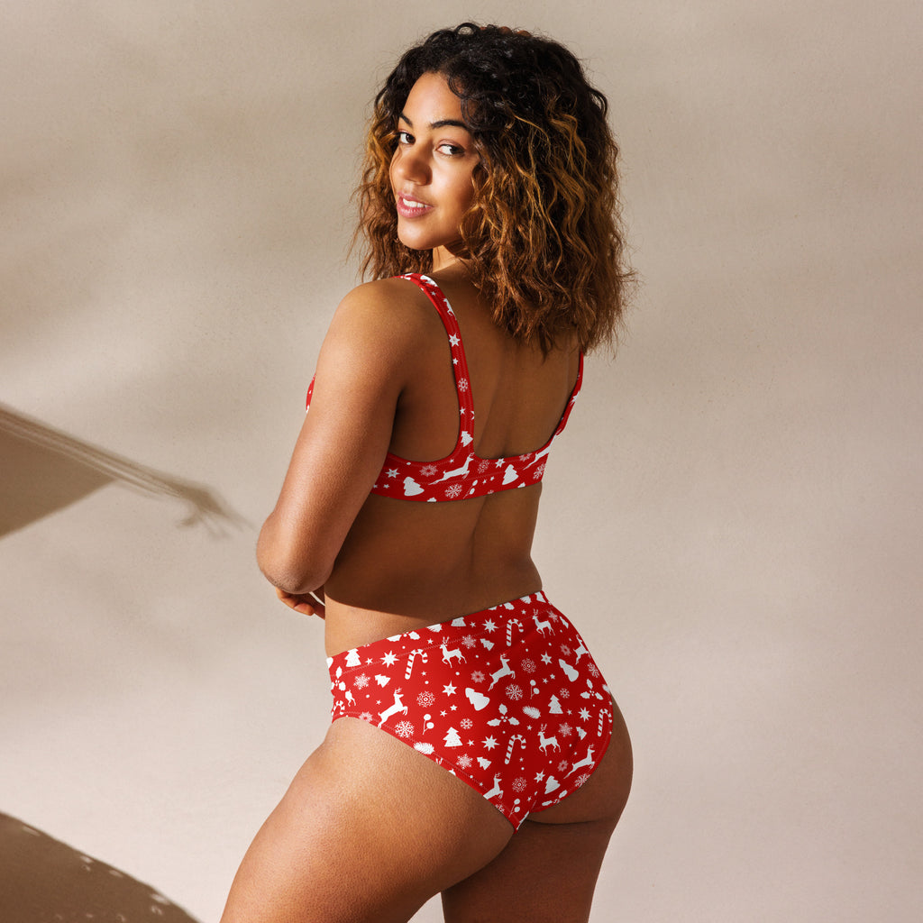 Women’s red christmas recycled bikini set with reindeer candy canes snowflakes quick drying fabric upf 50+