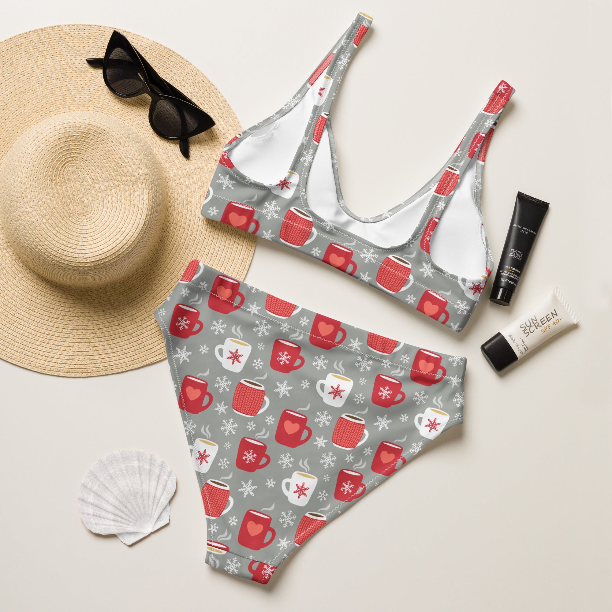 Gray two-piece recycled bikini with red and white coffee mug pattern hearts and snowflakes quick drying fabric upf 50+