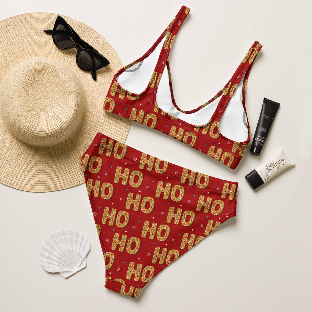 Women’s red and gold ho ho ho patterned recycled bikini with white lining quick drying fabric upf 50 plus