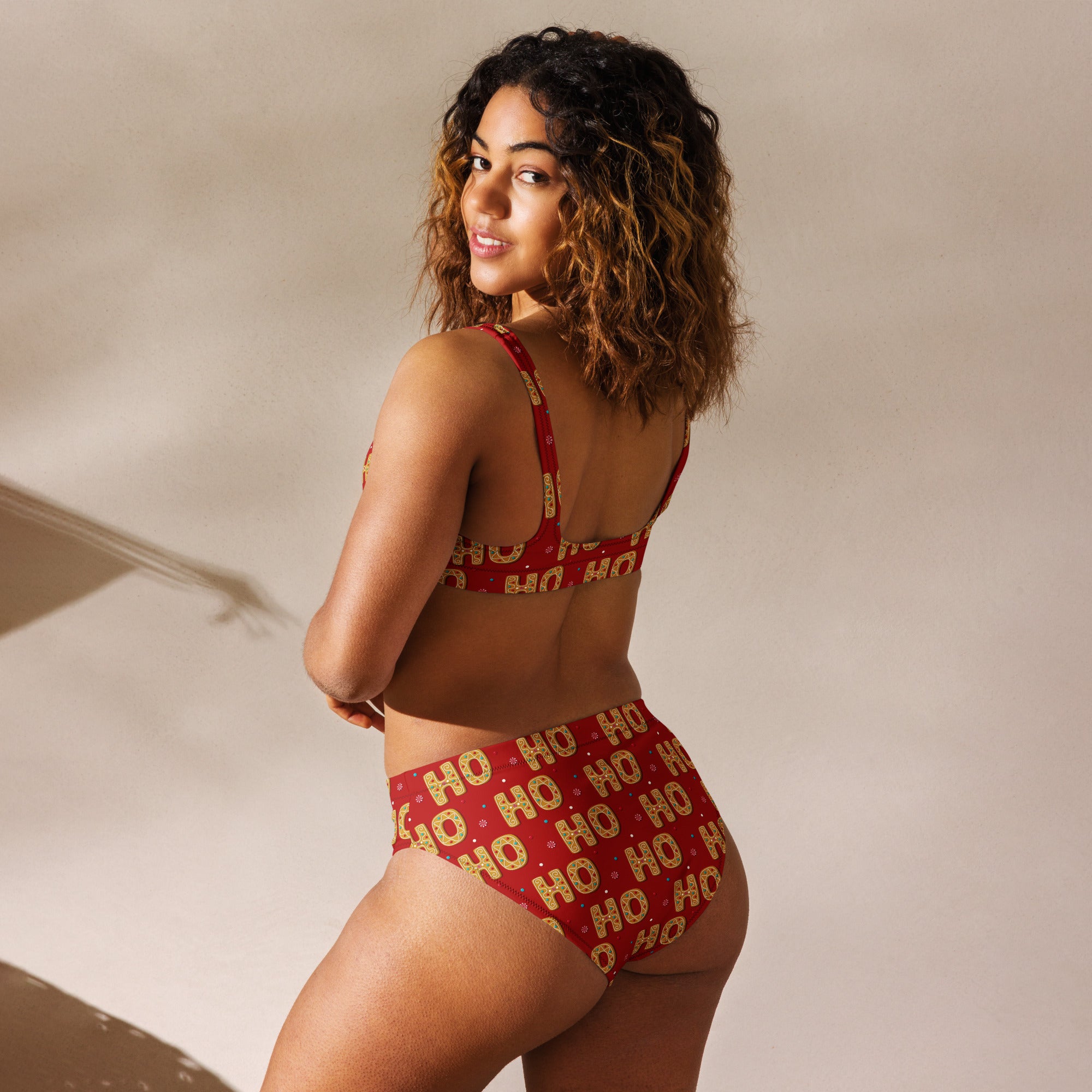 Women’s red ho ho ho christmas recycled bikini set with gold lettering quick drying fabric and upf 50+ protection