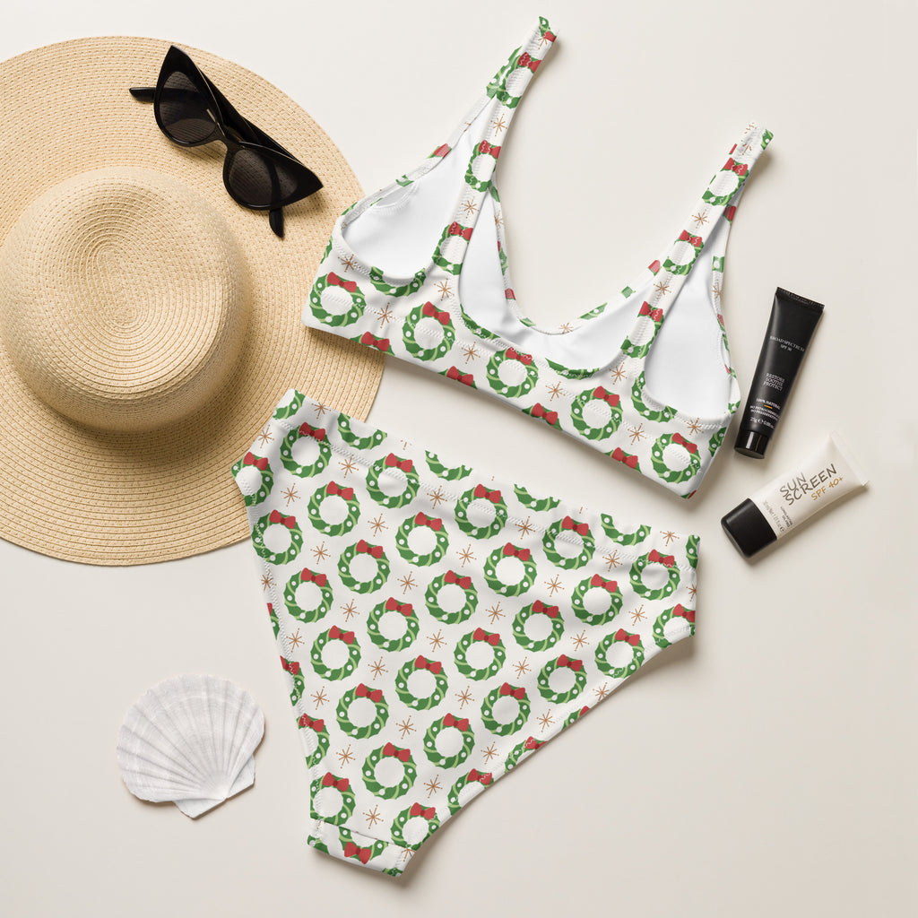 White bikini set with green wreaths red bows star details quick drying fabric upf 50 plus for women Christmas swimwear