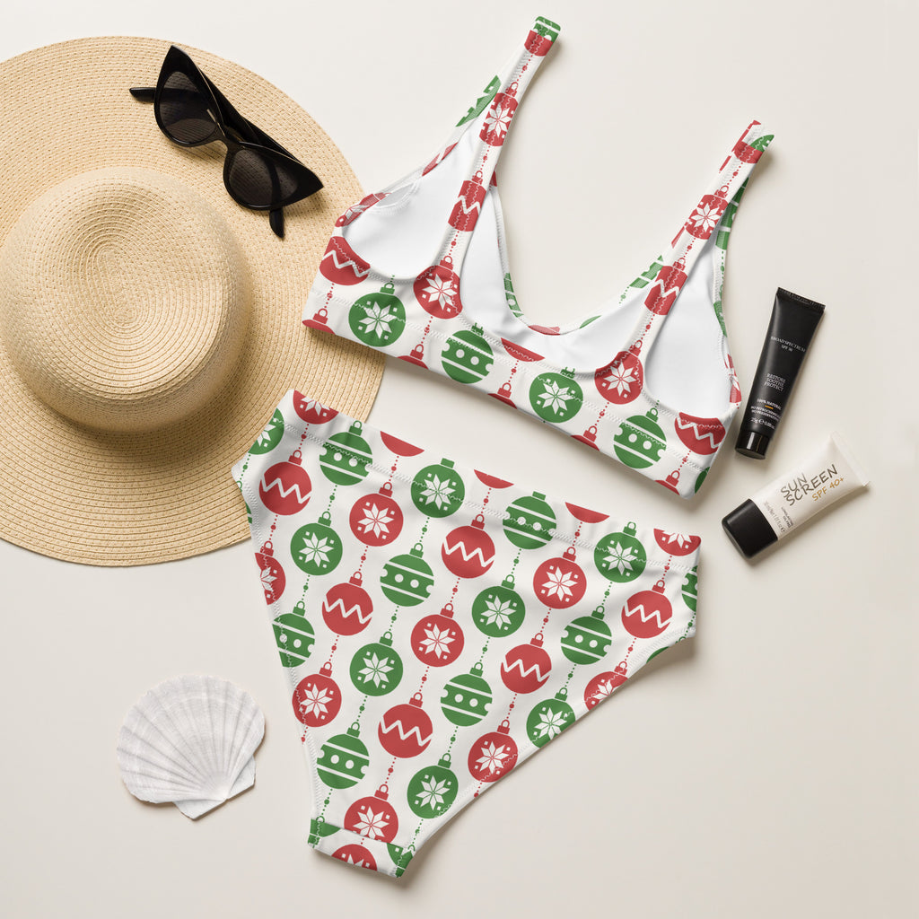 A festive white women’s Christmas ornament recycled bikini set with red and green patterns in quick drying fabric with UPF 50+