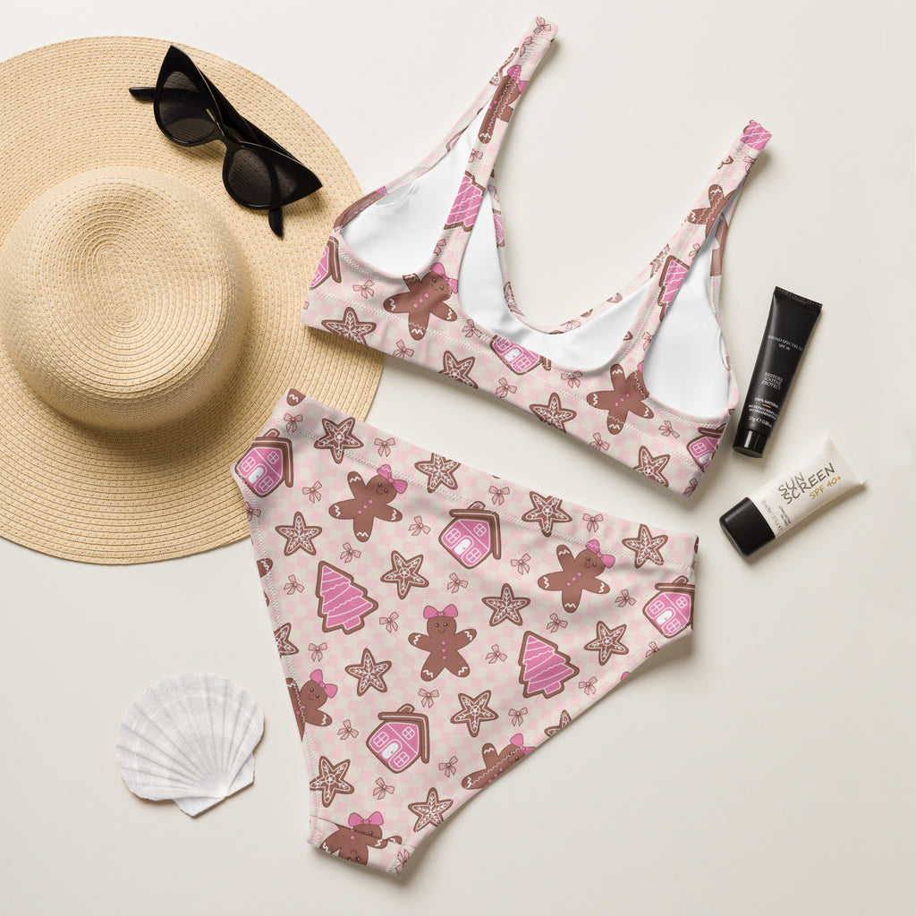 Women’s pink gingerbread christmas recycled bikini with festive pattern quick drying fabric upf 50 plus