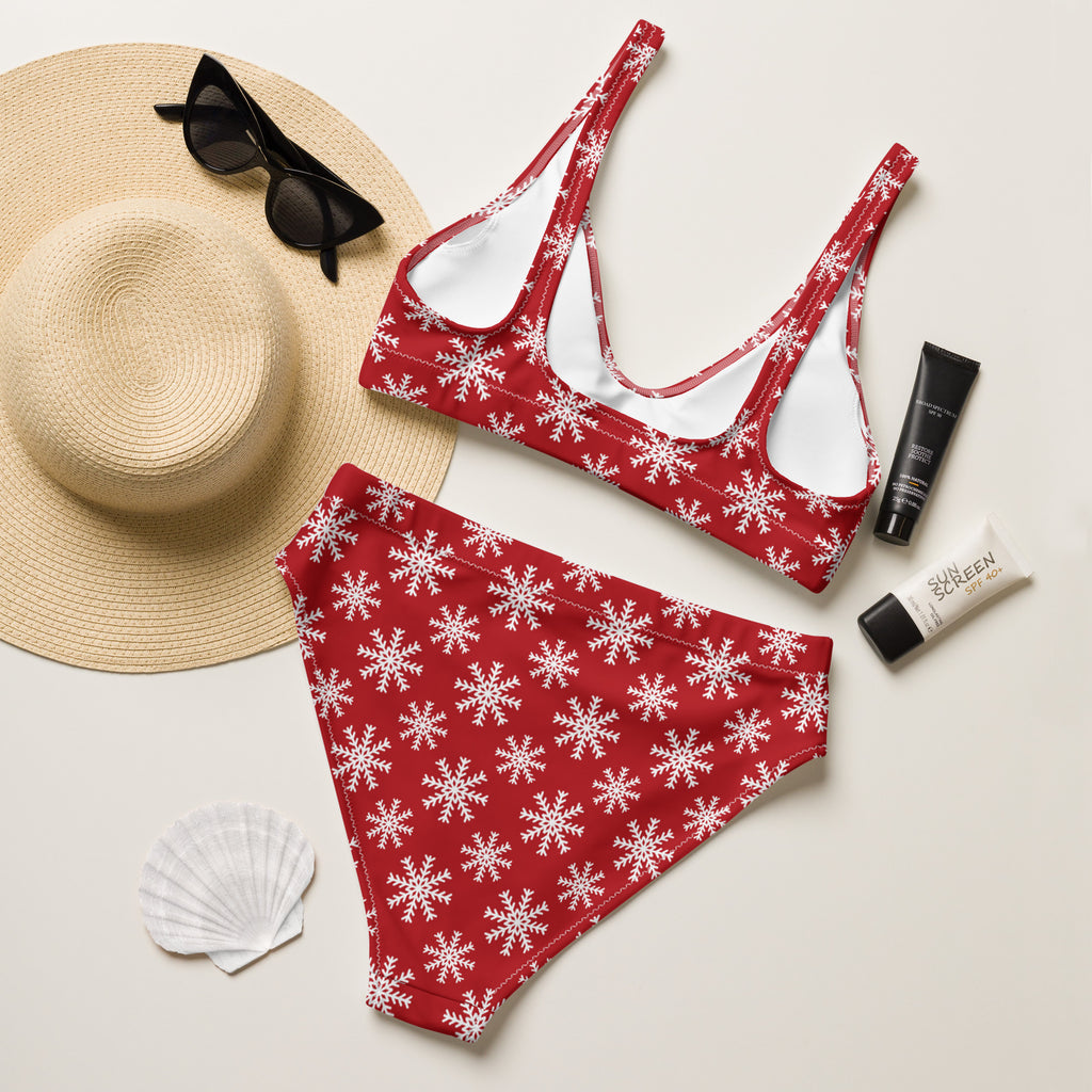 Women’s red snowflake christmas recycled bikini set in quick drying fabric with upf 50 plus protection