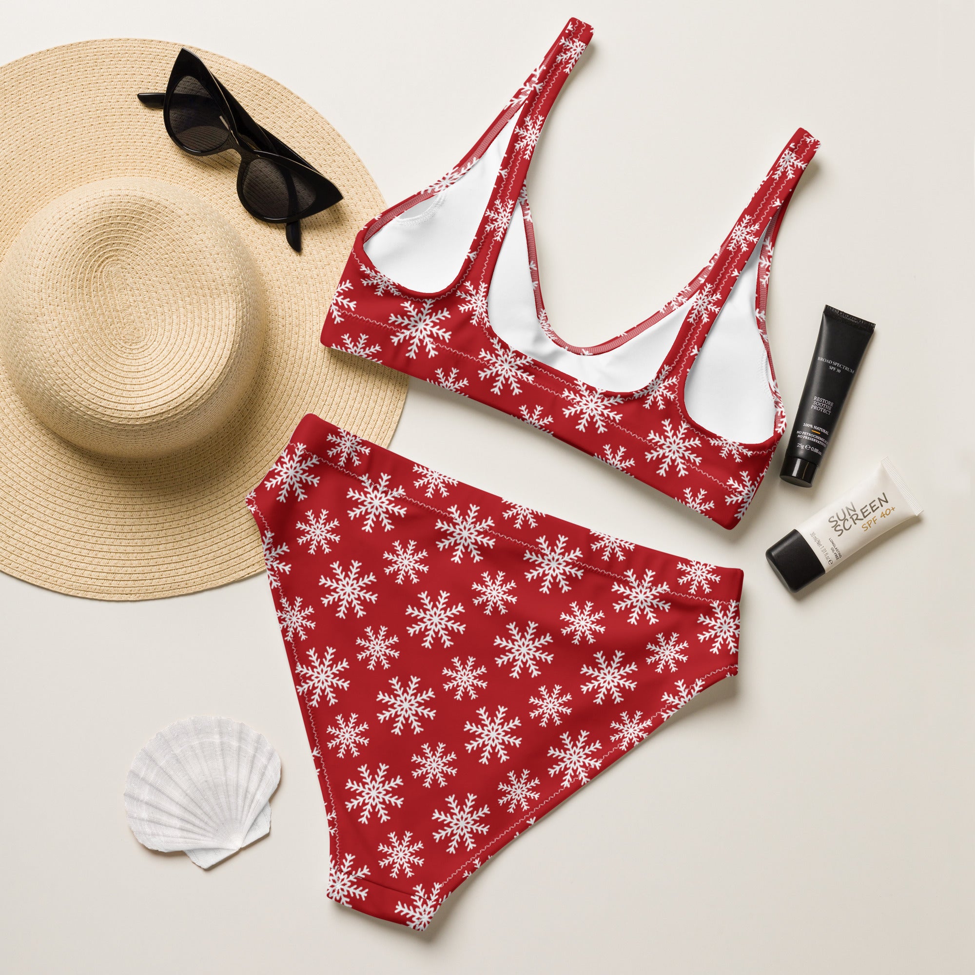 Women’s red snowflake christmas recycled bikini set in quick drying fabric with upf 50 plus protection
