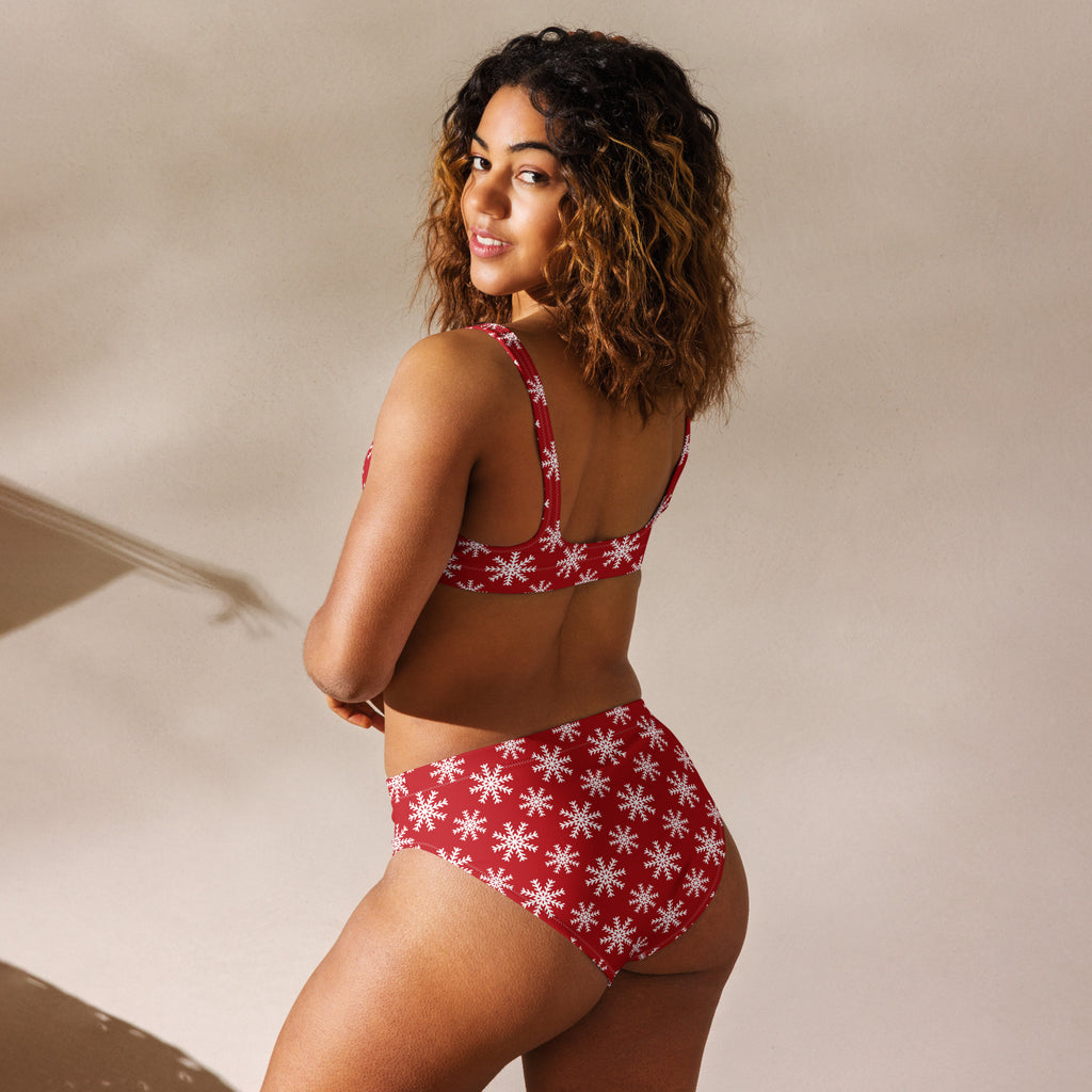 Women’s red snowflake christmas recycled bikini set with quick drying fabric and upf 50 plus protection