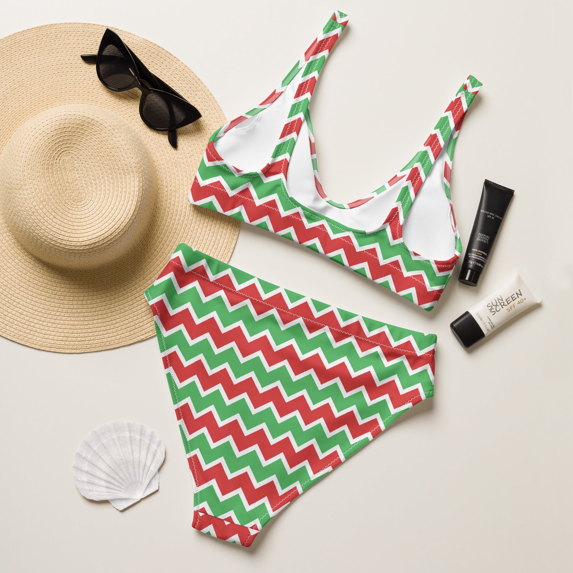 Women’s Christmas chevron recycled bikini set in red and green with white trim quick drying fabric and UPF 50+ protection