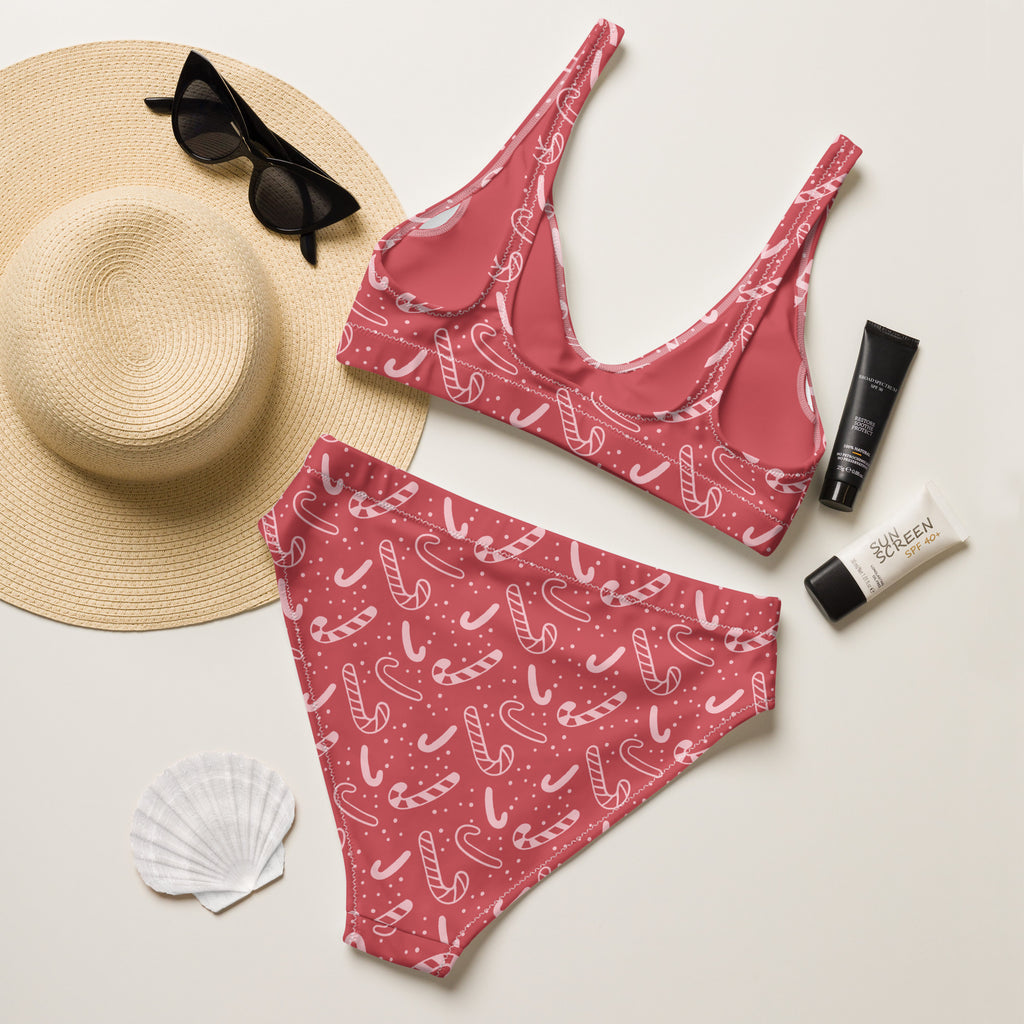 Women’s red candy cane recycled bikini set with white outlines dotted accents quick drying fabric upf 50 plus