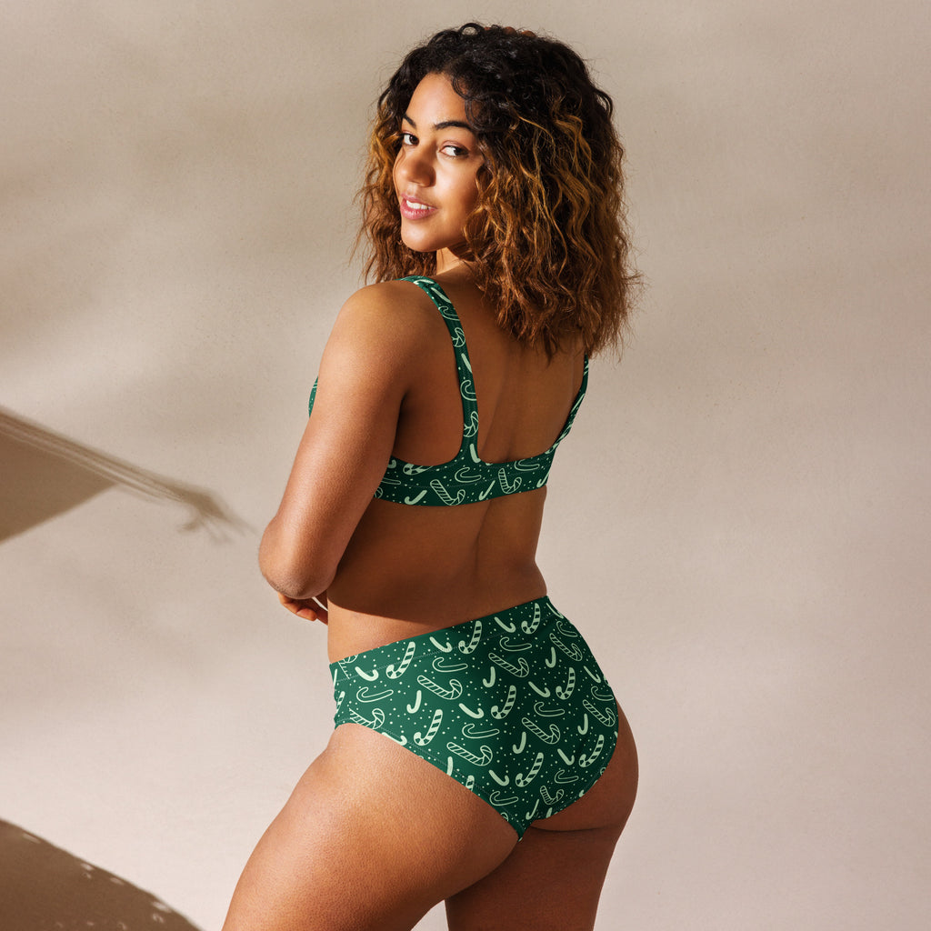 Women’s green candy cane patterned recycled bikini set with quick drying fabric and upf 50 plus sun protection