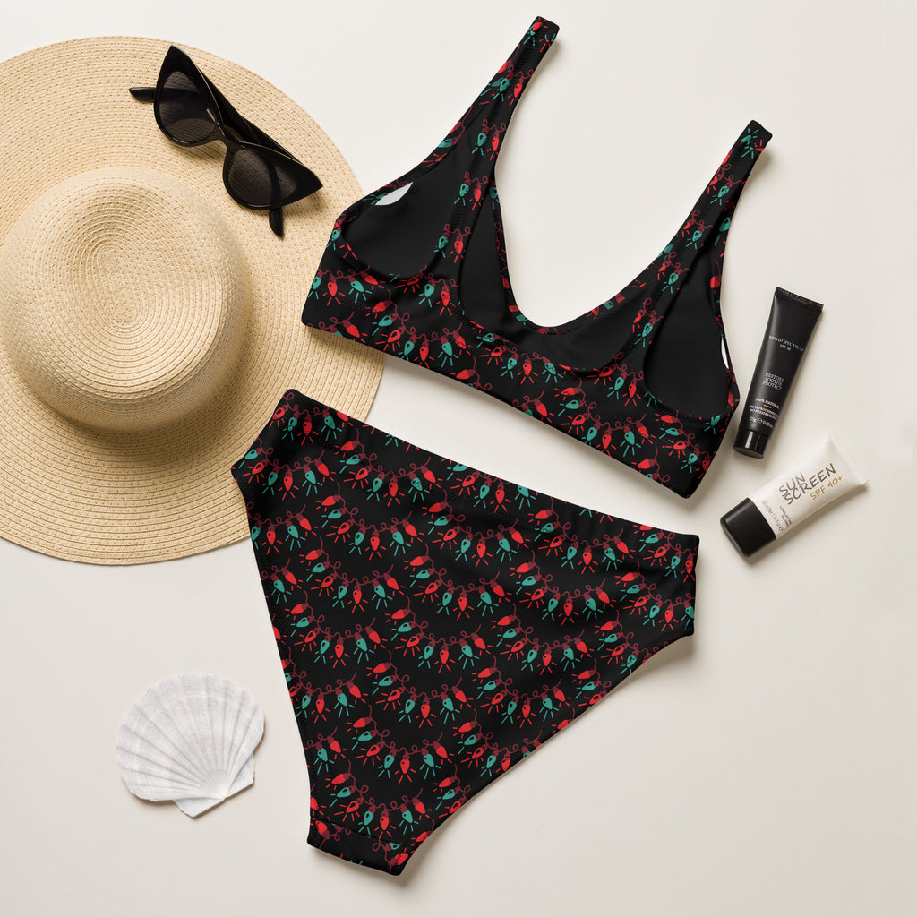 Women’s christmas lights recycled bikini set in black with red and teal chili peppers quick drying fabric upf 50+